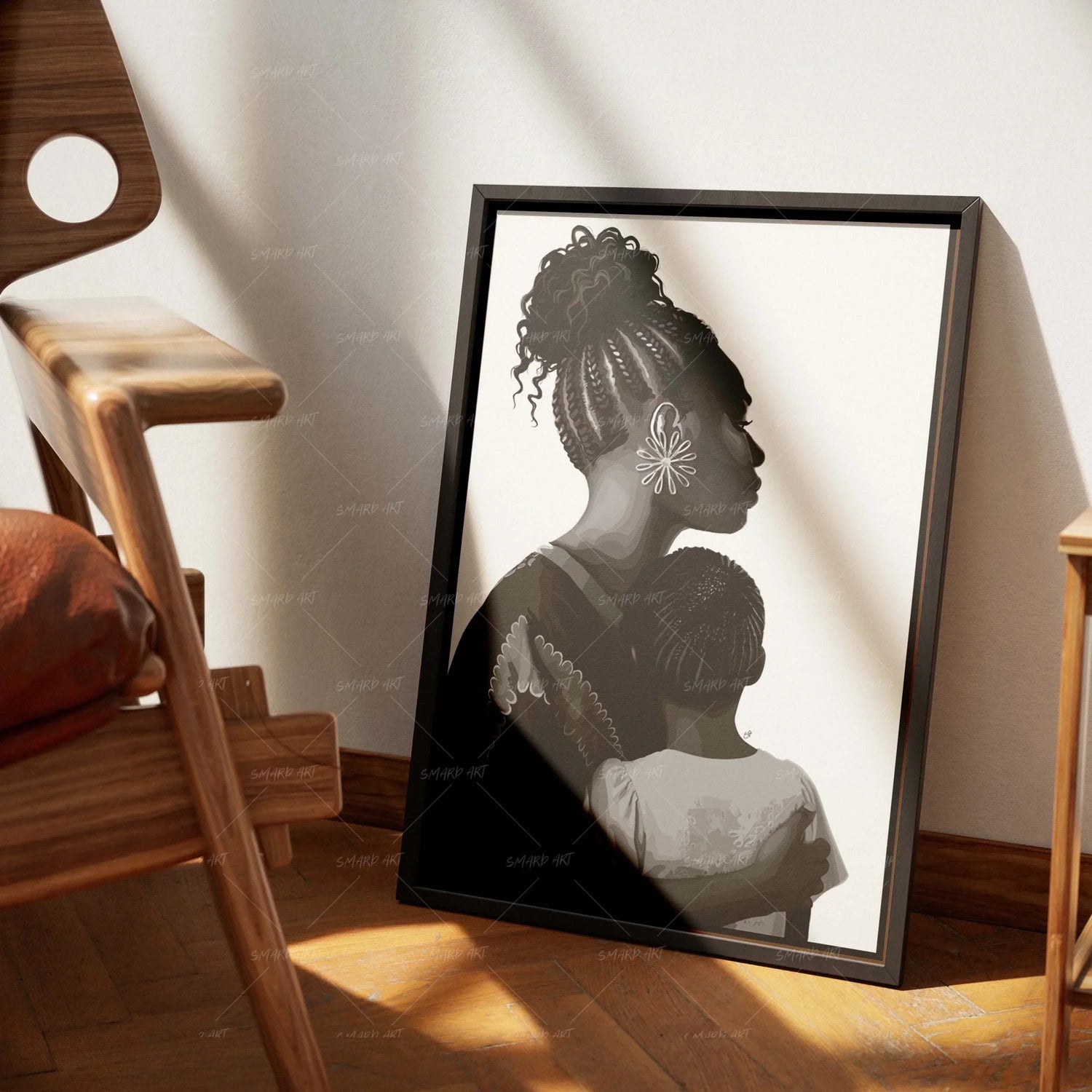 Striking black and white wall art, "Monochrome Bond," depicting the profound, loving connection between a Black mother and her child. Authentic melanin representation in a timeless monochrome aesthetic.