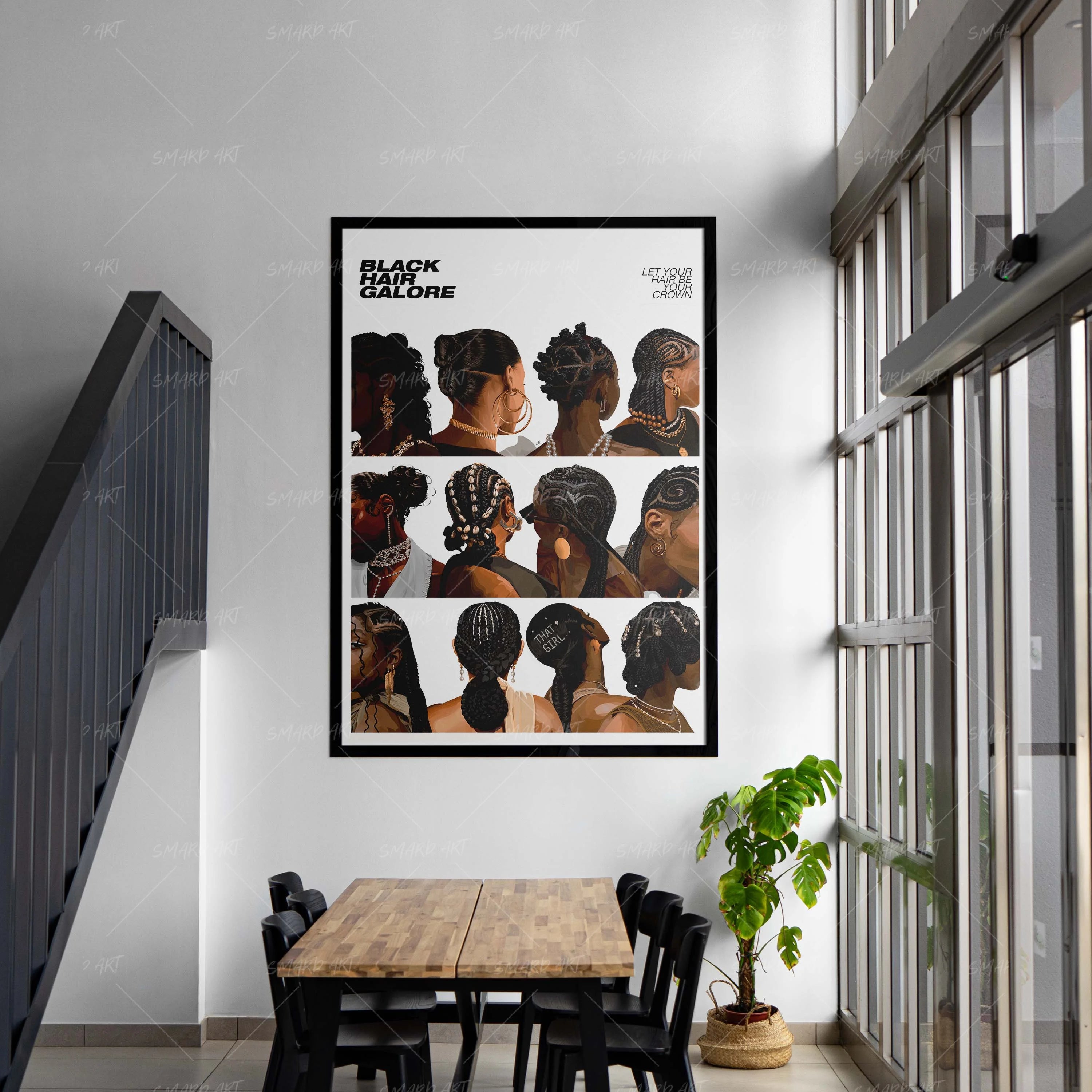 Black Hair Galore-wall art print featuring decorative artistic design suitable for living rooms, offices, and schools by SmardArt. Elevate your space with Black wall art that speaks to culture, identity, and creativity. At Smard, we celebrate artistry made with melanin, bringing powerful and inspiring designs to life.