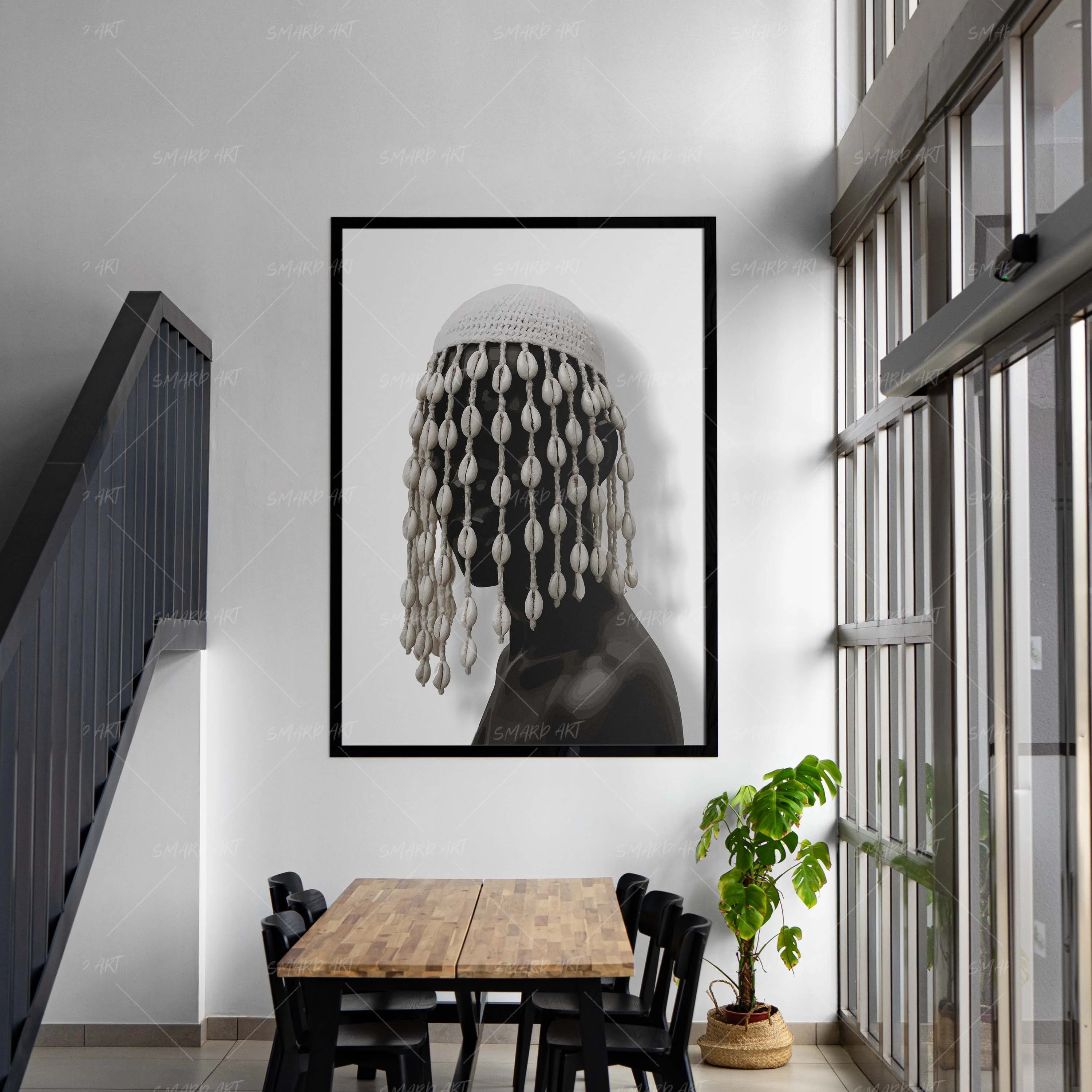 Crowned In Cowries-wall art print featuring decorative artistic design suitable for living rooms, offices, and schools by SmardArt. Elevate your space with Black wall art that speaks to culture, identity, and creativity. At Smard, we celebrate artistry made with melanin, bringing powerful and inspiring designs to life.