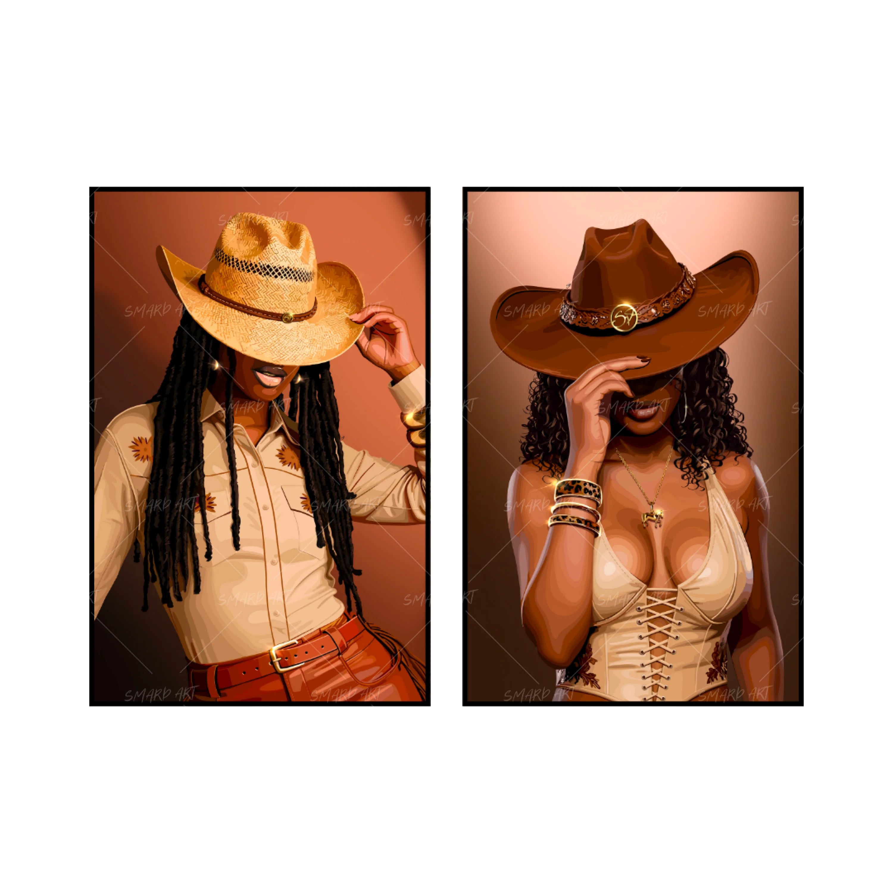 Art Print Bundle : Cowgirl Era + Western Slay-wall art print featuring decorative artistic design suitable for living rooms, offices, and schools by SmardArt. Elevate your space with Black wall art that speaks to culture, identity, and creativity. At Smard, we celebrate artistry made with melanin, bringing powerful and inspiring designs to life.