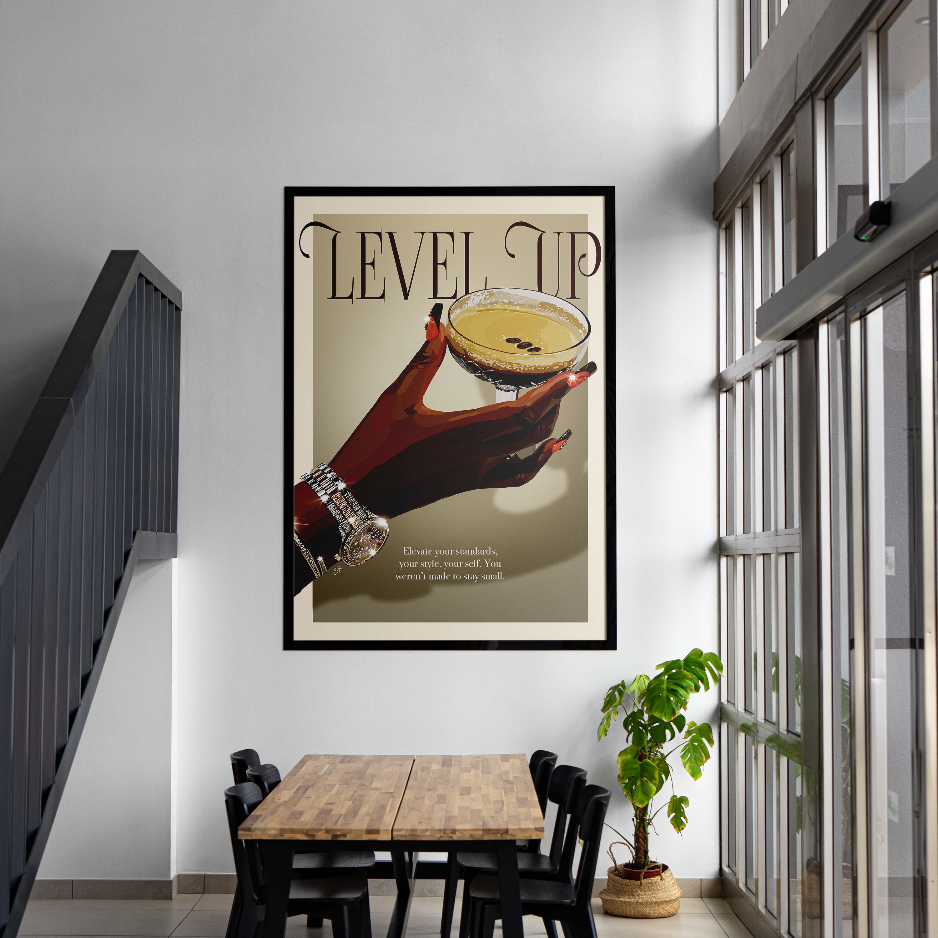 Level Up-wall art print featuring decorative artistic design suitable for living rooms, offices, and schools by SmardArt. Elevate your space with Black wall art that speaks to culture, identity, and creativity. At Smard, we celebrate artistry made with melanin, bringing powerful and inspiring designs to life.