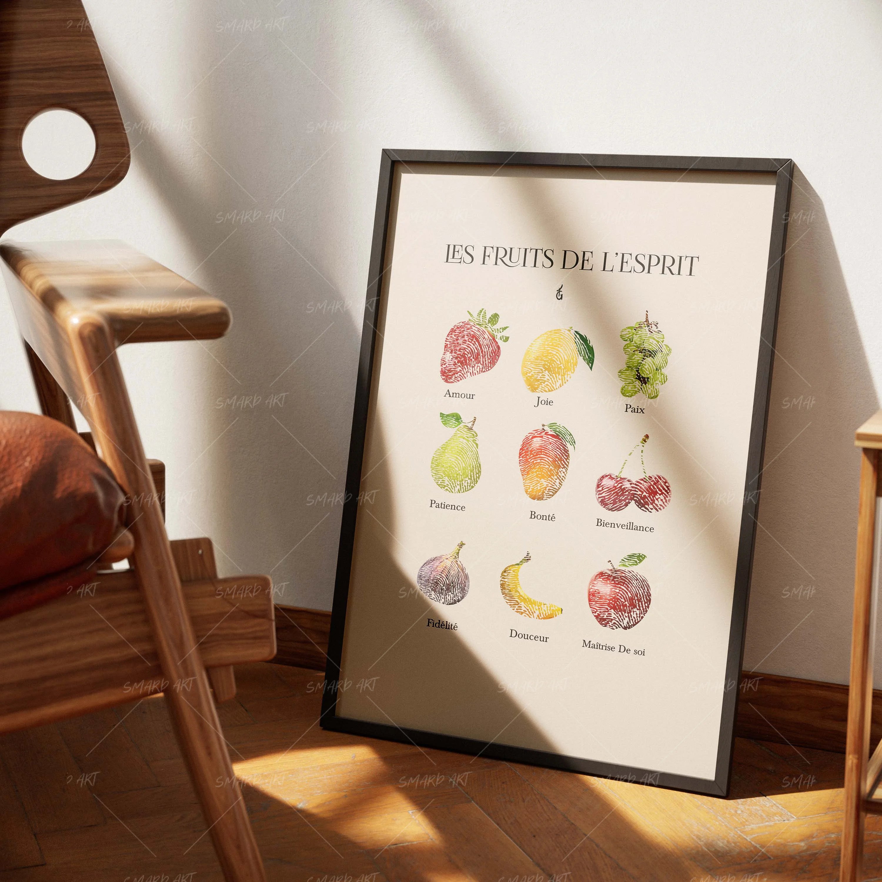 Les Fruits De l’Esprit-wall art print featuring decorative artistic design suitable for living rooms, offices, and schools by SmardArt. Elevate your space with Black wall art that speaks to culture, identity, and creativity. At Smard, we celebrate artistry made with melanin, bringing powerful and inspiring designs to life.
