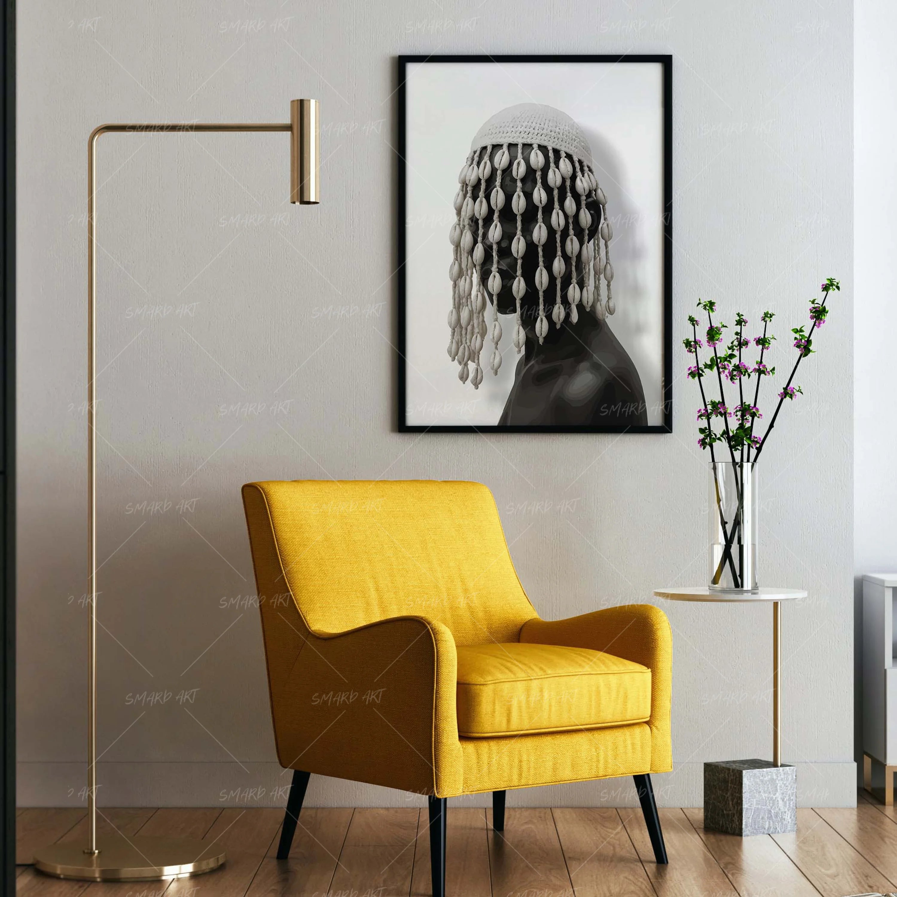 Crowned In Cowries-wall art print featuring decorative artistic design suitable for living rooms, offices, and schools by SmardArt. Elevate your space with Black wall art that speaks to culture, identity, and creativity. At Smard, we celebrate artistry made with melanin, bringing powerful and inspiring designs to life.