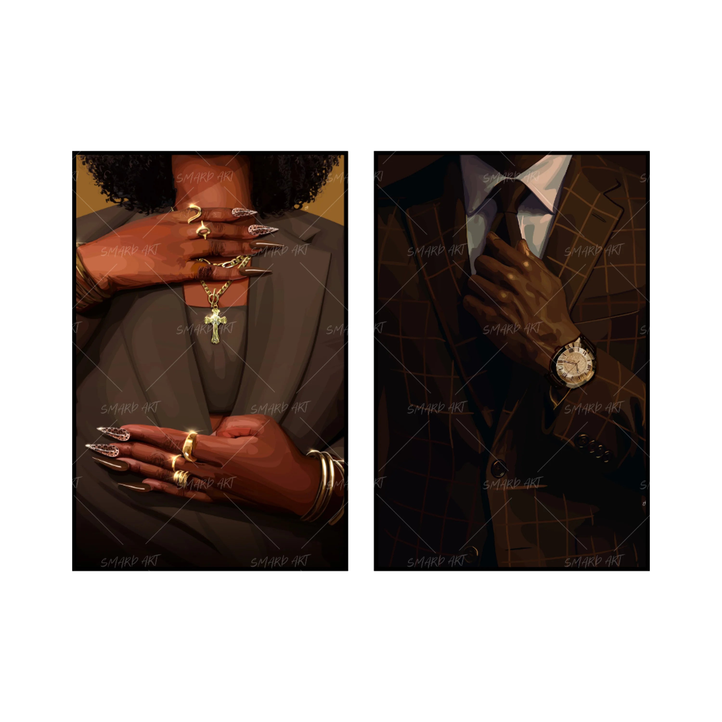 Art Print Bundle : Suits Her + Sharp-Brown-wall art print featuring decorative artistic design suitable for living rooms, offices, and schools by SmardArt. Elevate your space with Black wall art that speaks to culture, identity, and creativity. At Smard, we celebrate artistry made with melanin, bringing powerful and inspiring designs to life.