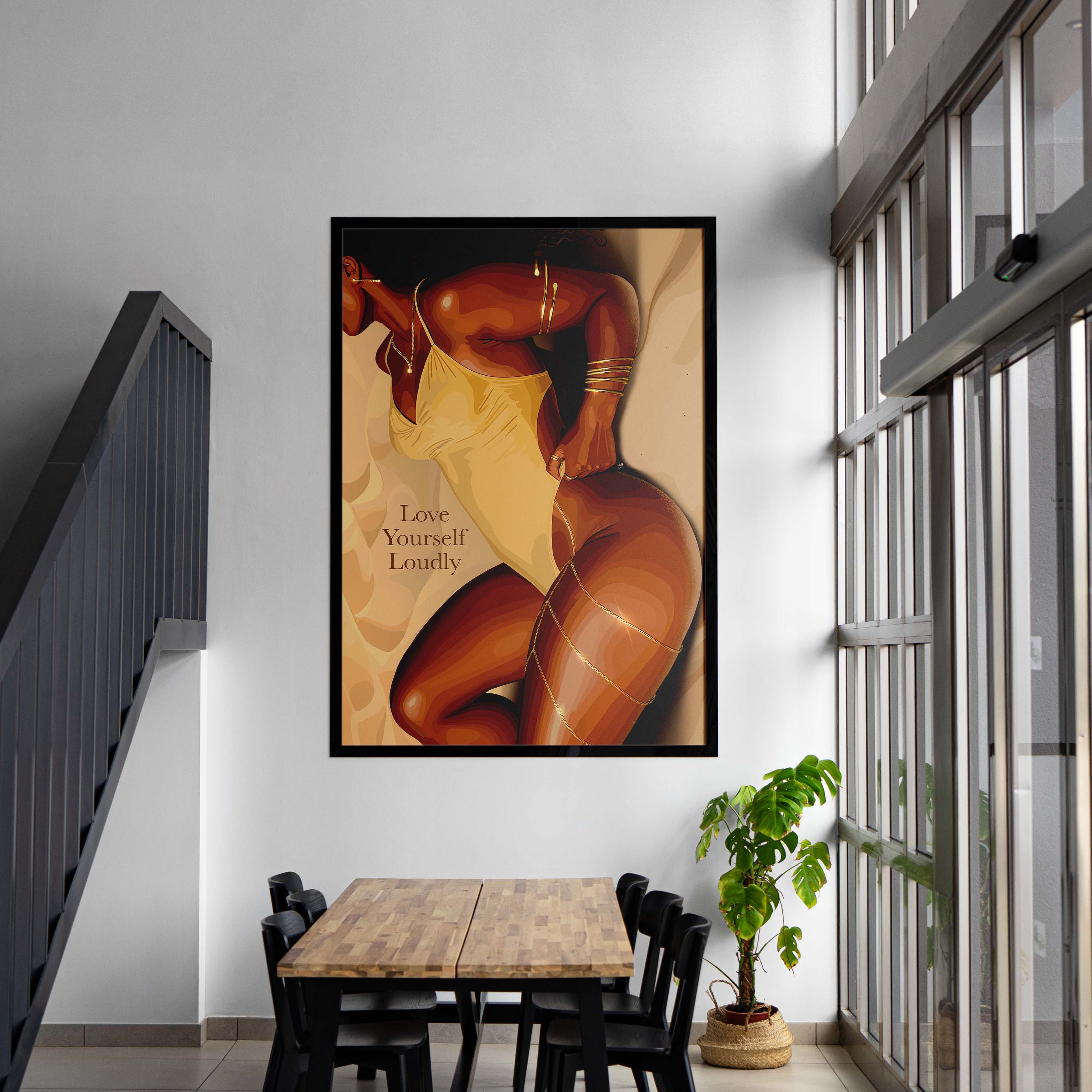 Love Yourself Loudly-wall art print featuring decorative artistic design suitable for living rooms, offices, and schools by SmardArt. Elevate your space with Black wall art that speaks to culture, identity, and creativity. At Smard, we celebrate artistry made with melanin, bringing powerful and inspiring designs to life.