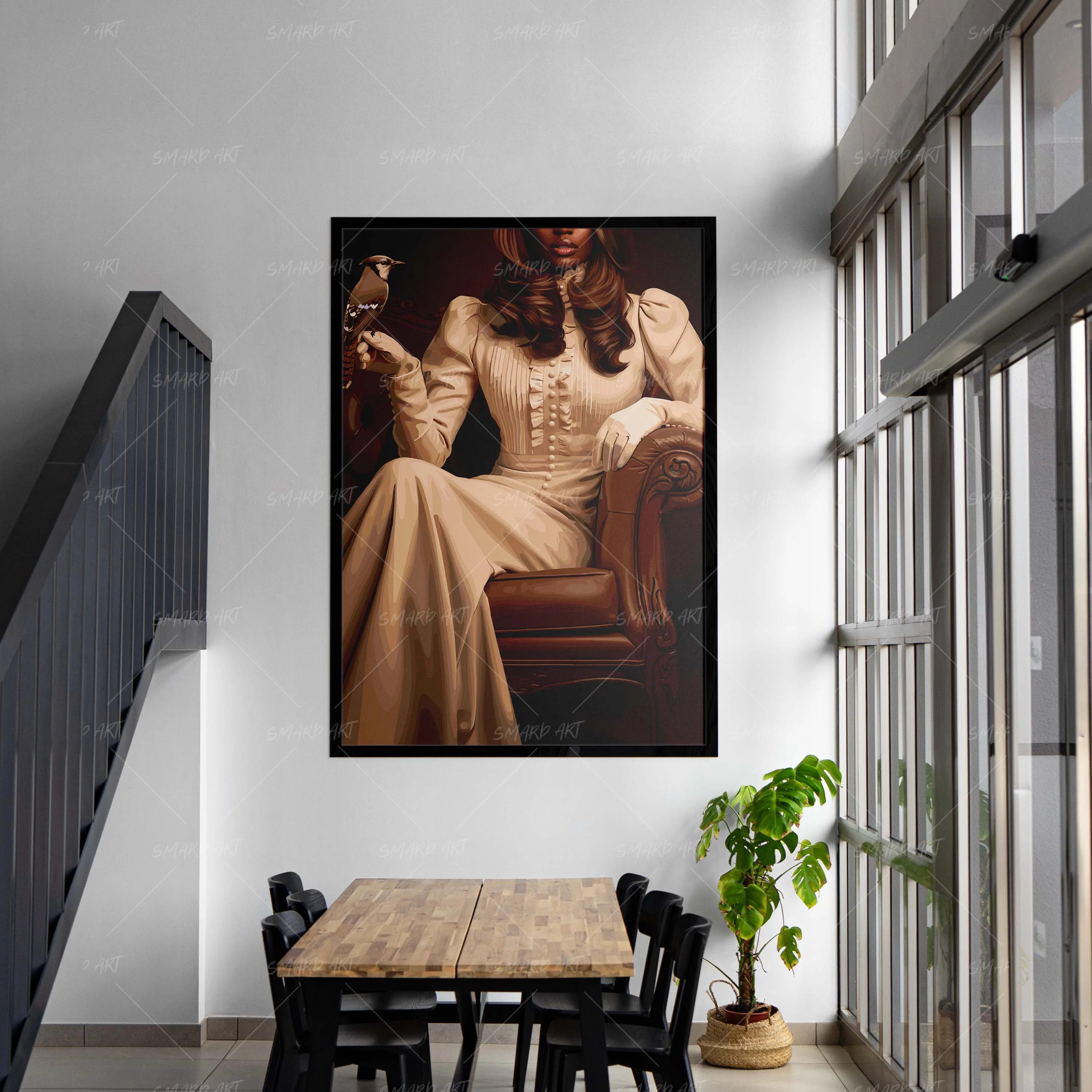 The Bird & The Dame-wall art print featuring decorative artistic design suitable for living rooms, offices, and schools by SmardArt. Elevate your space with Black wall art that speaks to culture, identity, and creativity. At Smard, we celebrate artistry made with melanin, bringing powerful and inspiring designs to life.