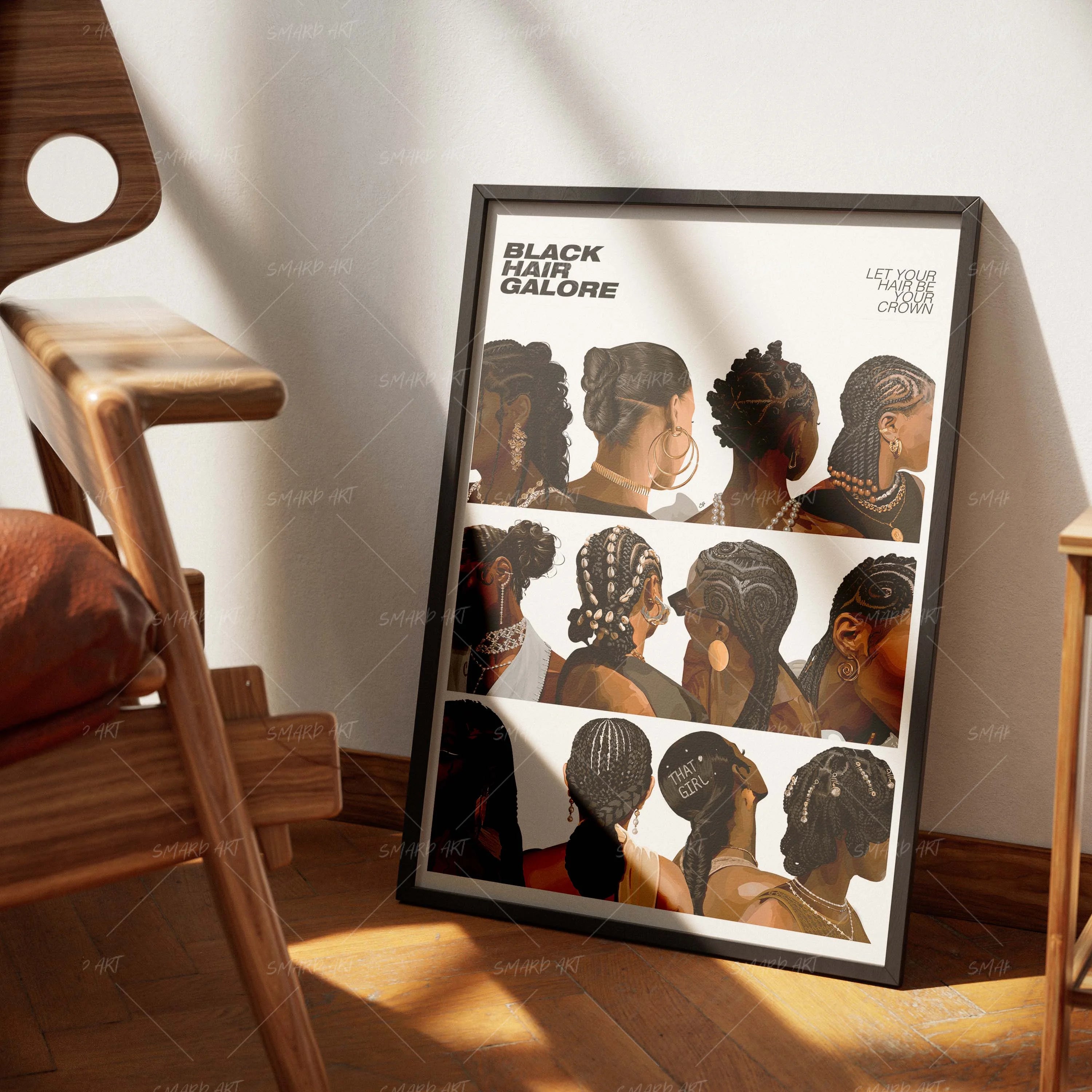Black Hair Galore-wall art print featuring decorative artistic design suitable for living rooms, offices, and schools by SmardArt. Elevate your space with Black wall art that speaks to culture, identity, and creativity. At Smard, we celebrate artistry made with melanin, bringing powerful and inspiring designs to life.