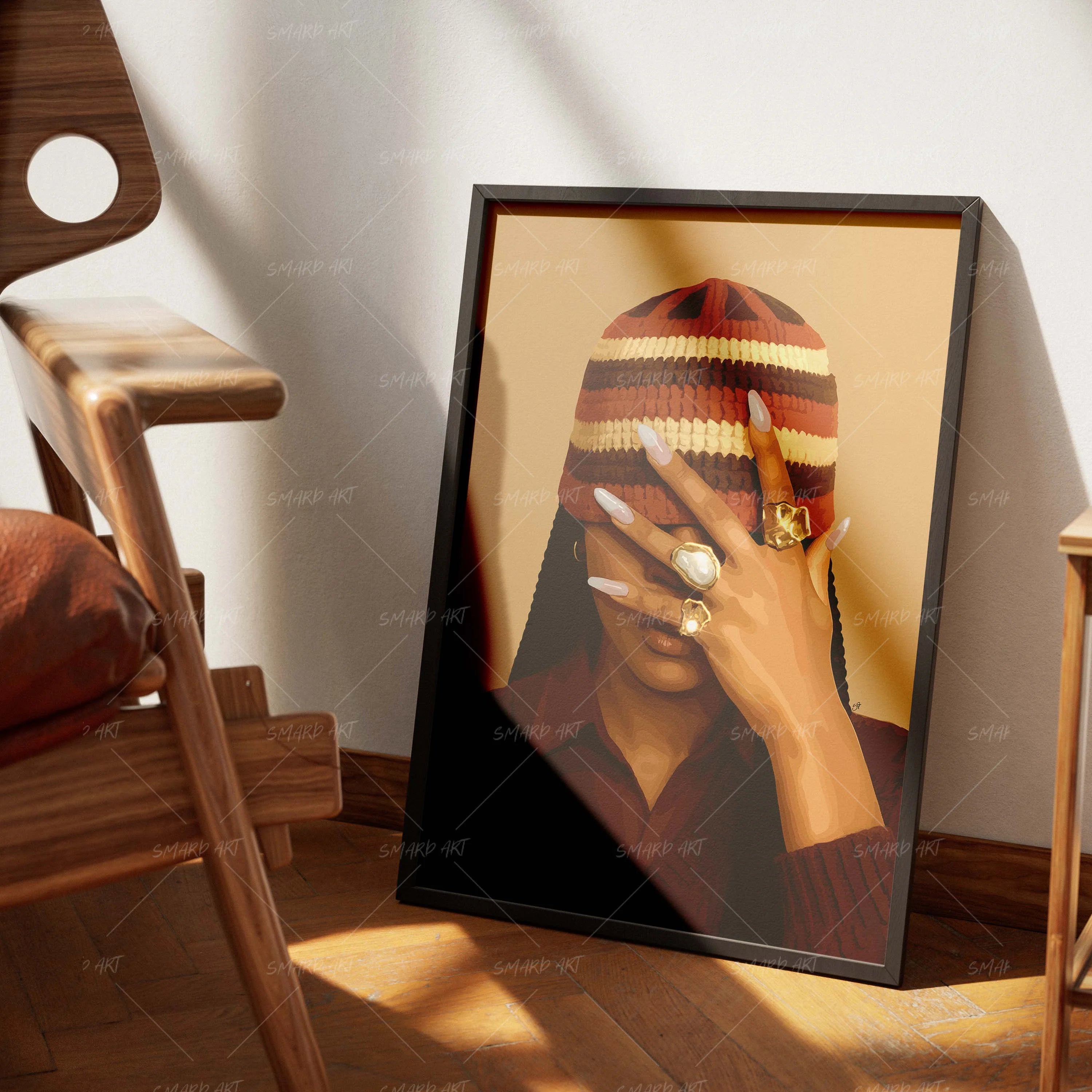 Beanie Glow-wall art print featuring decorative artistic design suitable for living rooms, offices, and schools by SmardArt. Elevate your space with Black wall art that speaks to culture, identity, and creativity. At Smard, we celebrate artistry made with melanin, bringing powerful and inspiring designs to life.