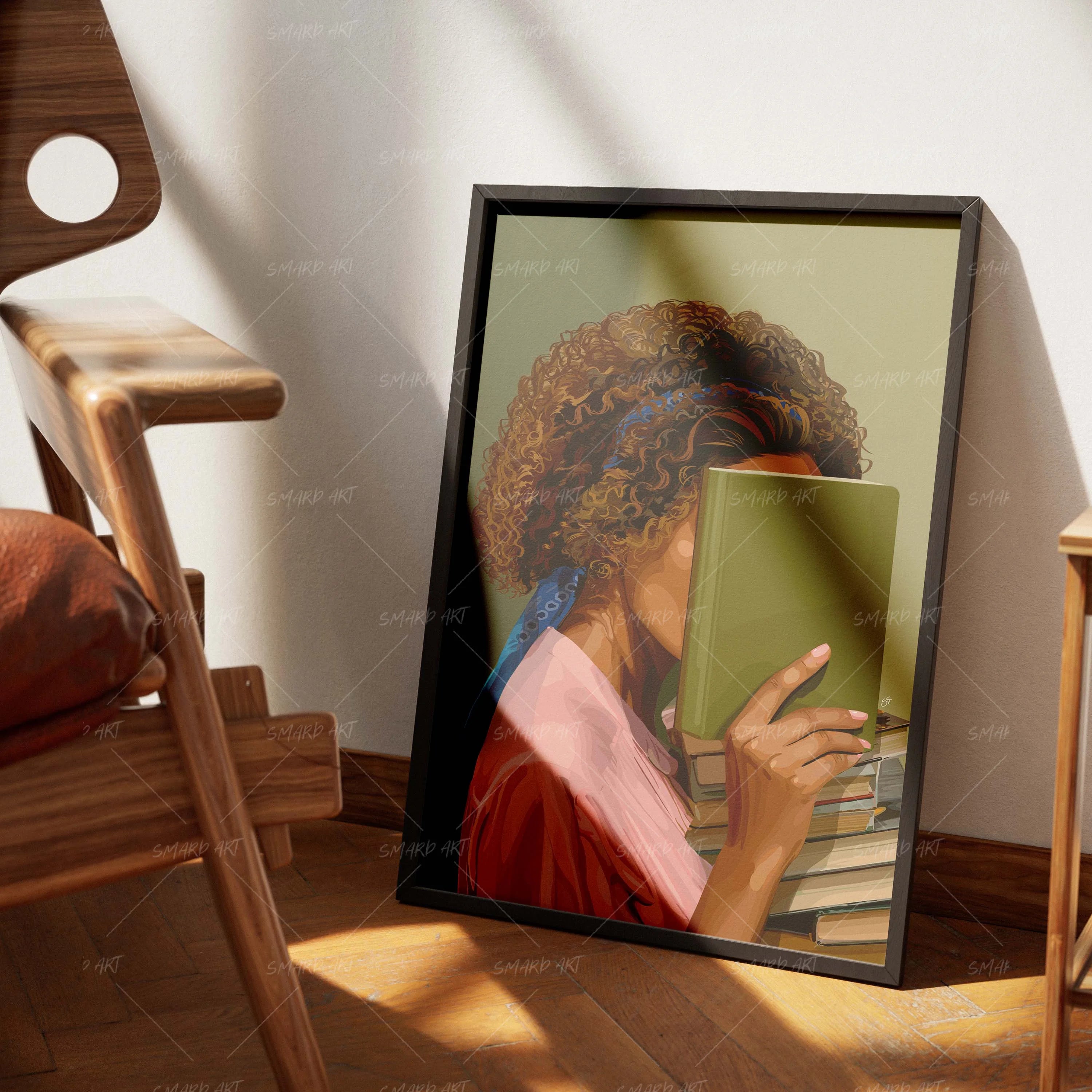 Bookworm III-wall art print featuring decorative artistic design suitable for living rooms, offices, and schools by SmardArt. Elevate your space with Black wall art that speaks to culture, identity, and creativity. At Smard, we celebrate artistry made with melanin, bringing powerful and inspiring designs to life.