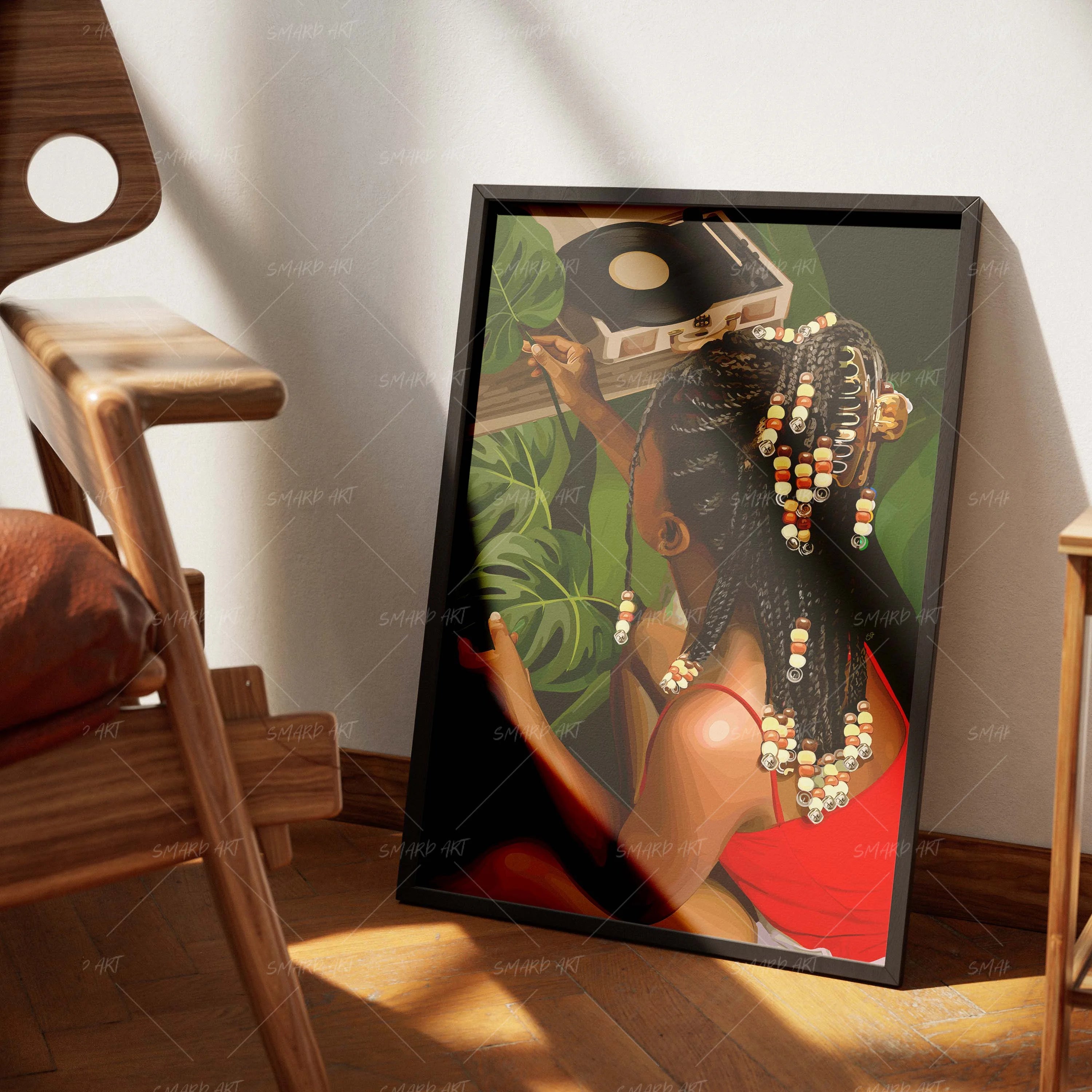 Botánica Beats-wall art print featuring decorative artistic design suitable for living rooms, offices, and schools by SmardArt. Elevate your space with Black wall art that speaks to culture, identity, and creativity. At Smard, we celebrate artistry made with melanin, bringing powerful and inspiring designs to life.