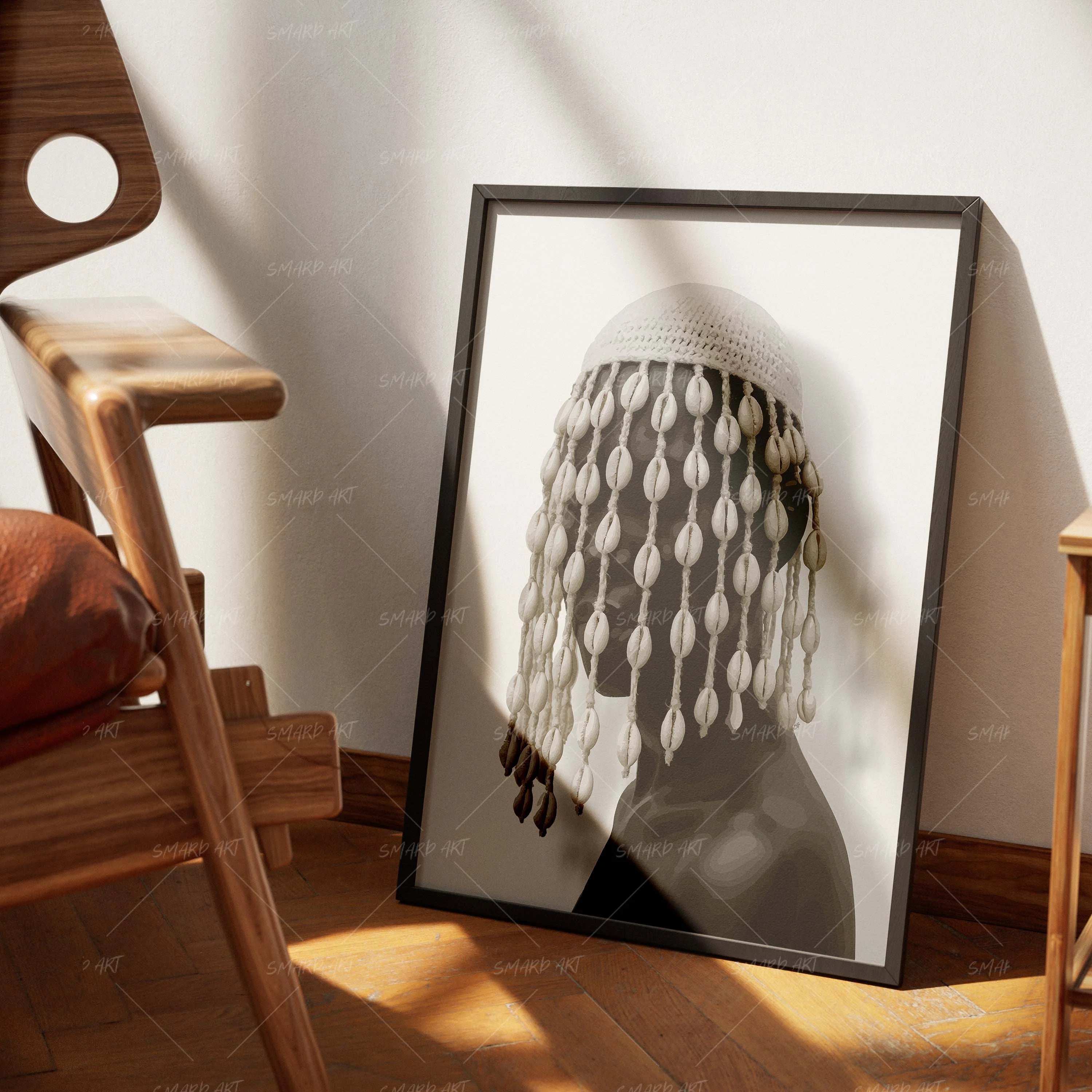 Crowned In Cowries-wall art print featuring decorative artistic design suitable for living rooms, offices, and schools by SmardArt. Elevate your space with Black wall art that speaks to culture, identity, and creativity. At Smard, we celebrate artistry made with melanin, bringing powerful and inspiring designs to life.