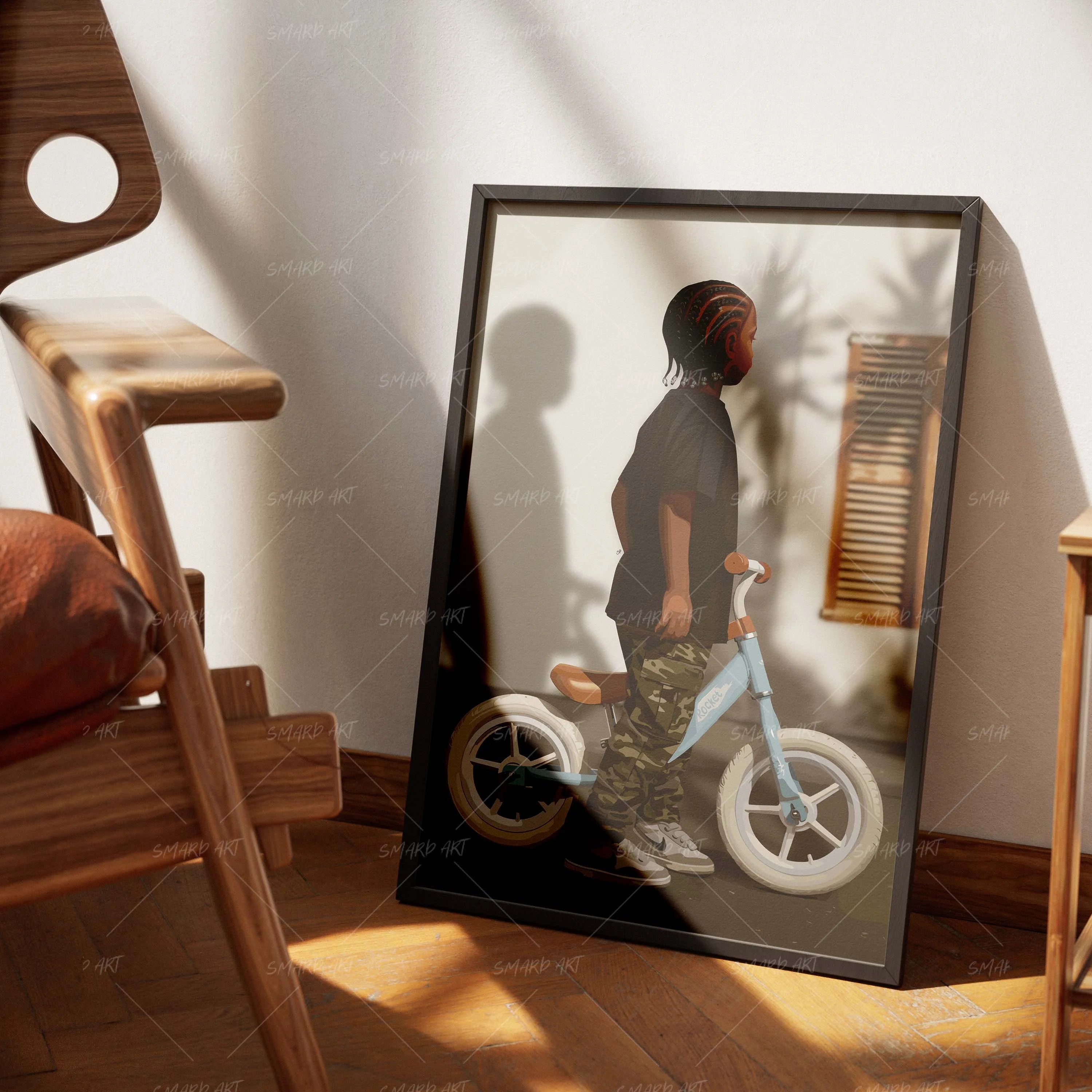 Pedal Power-wall art print featuring decorative artistic design suitable for living rooms, offices, and schools by SmardArt. Elevate your space with Black wall art that speaks to culture, identity, and creativity. At Smard, we celebrate artistry made with melanin, bringing powerful and inspiring designs to life.