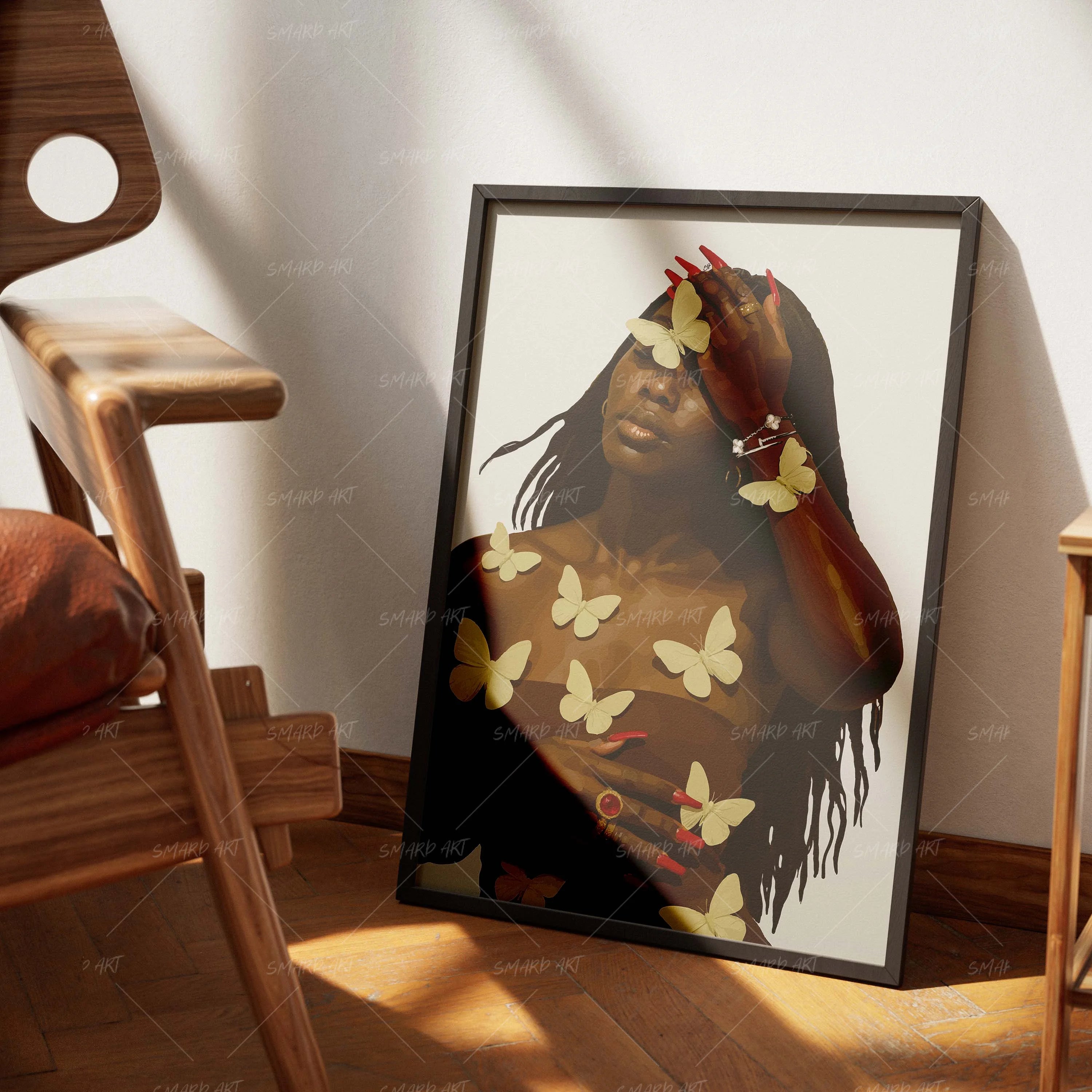 Soft Wings-wall art print featuring decorative artistic design suitable for living rooms, offices, and schools by SmardArt. Elevate your space with Black wall art that speaks to culture, identity, and creativity. At Smard, we celebrate artistry made with melanin, bringing powerful and inspiring designs to life.