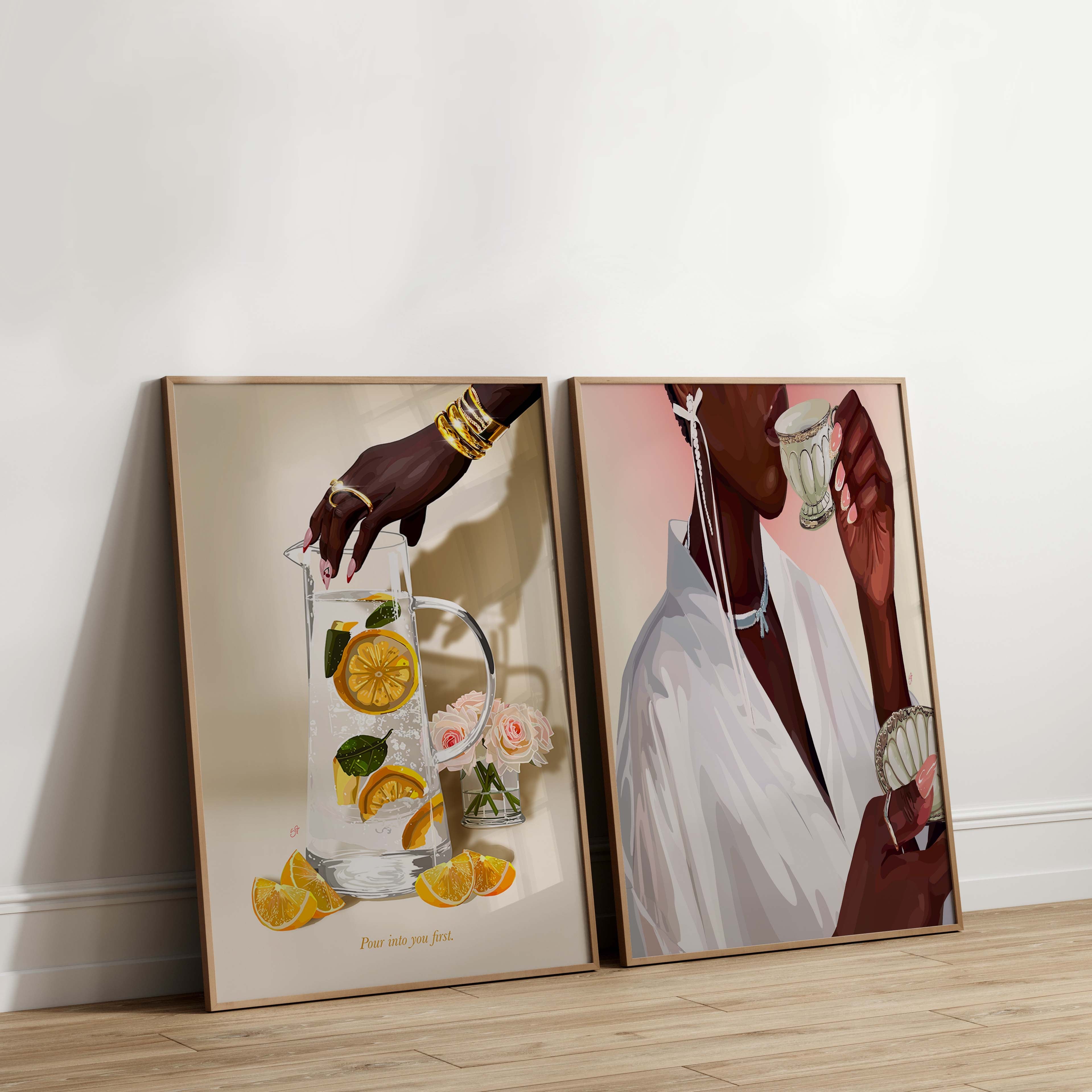 Pour Into You First II-wall art print featuring decorative artistic design suitable for living rooms, offices, and schools by SmardArt. Elevate your space with Black wall art that speaks to culture, identity, and creativity. At Smard, we celebrate artistry made with melanin, bringing powerful and inspiring designs to life.