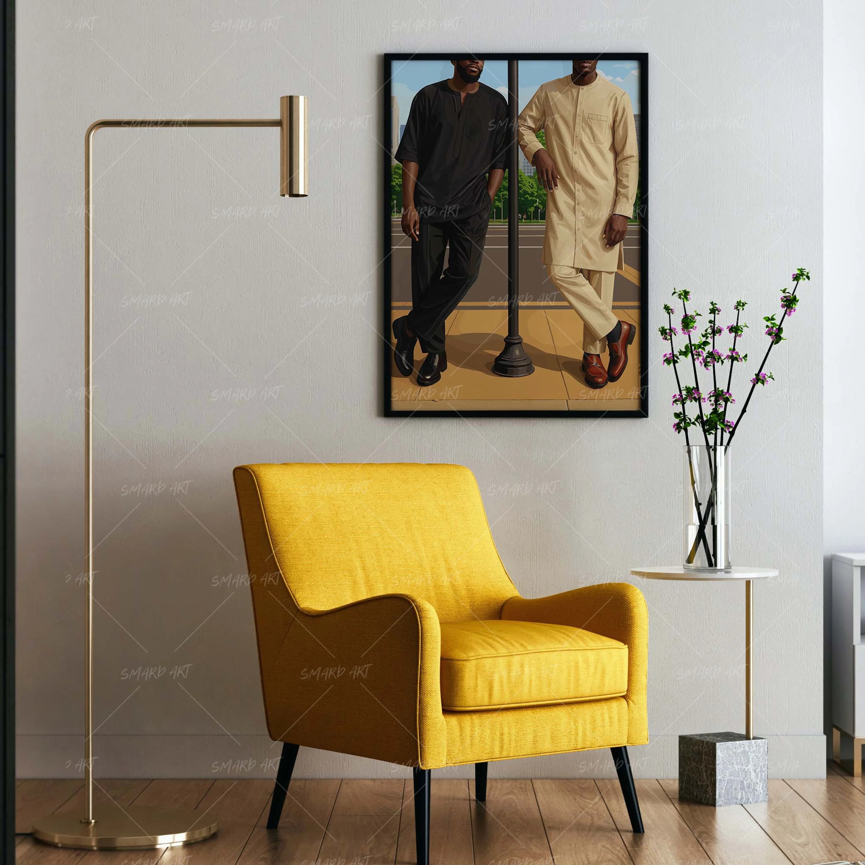 Men In Kaftan-wall art print featuring decorative artistic design suitable for living rooms, offices, and schools by SmardArt. Elevate your space with Black wall art that speaks to culture, identity, and creativity. At Smard, we celebrate artistry made with melanin, bringing powerful and inspiring designs to life.