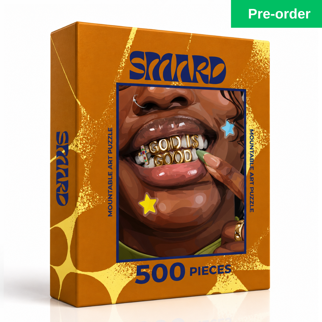 God Is Good Grillz Puzzle-wall art print featuring decorative artistic design suitable for living rooms, offices, and schools by SmardArt. Elevate your space with Black wall art that speaks to culture, identity, and creativity. At Smard, we celebrate artistry made with melanin, bringing powerful and inspiring designs to life.