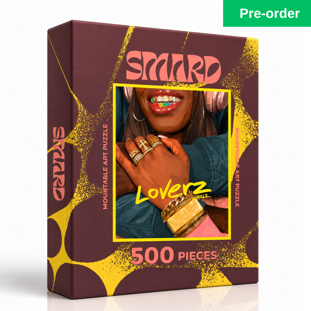 Loverz Grillz Puzzle-wall art print featuring decorative artistic design suitable for living rooms, offices, and schools by SmardArt. Elevate your space with Black wall art that speaks to culture, identity, and creativity. At Smard, we celebrate artistry made with melanin, bringing powerful and inspiring designs to life.