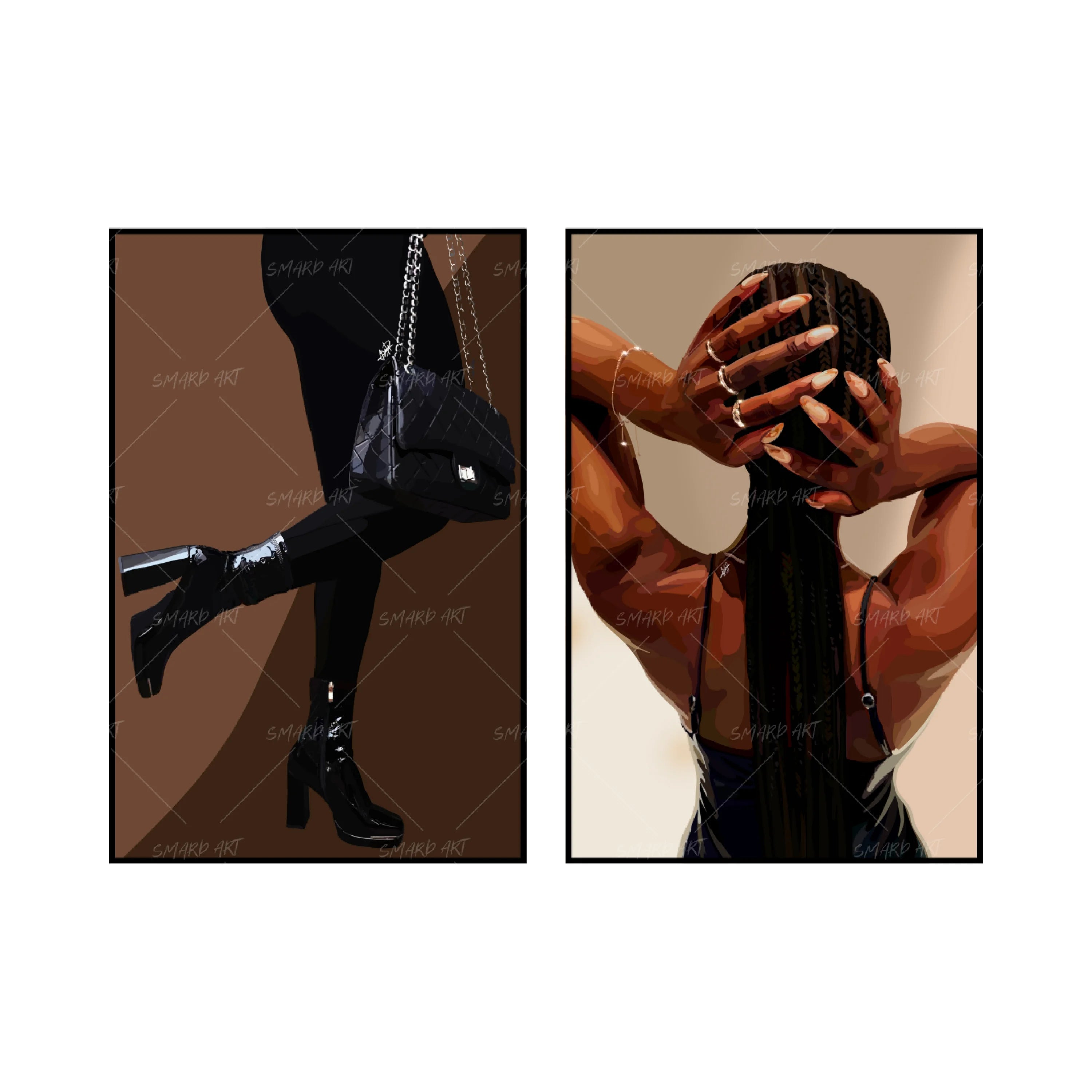 Art Print Bundle : Black Outfit + Chocolate-wall art print featuring decorative artistic design suitable for living rooms, offices, and schools by SmardArt. Elevate your space with Black wall art that speaks to culture, identity, and creativity. At Smard, we celebrate artistry made with melanin, bringing powerful and inspiring designs to life.
