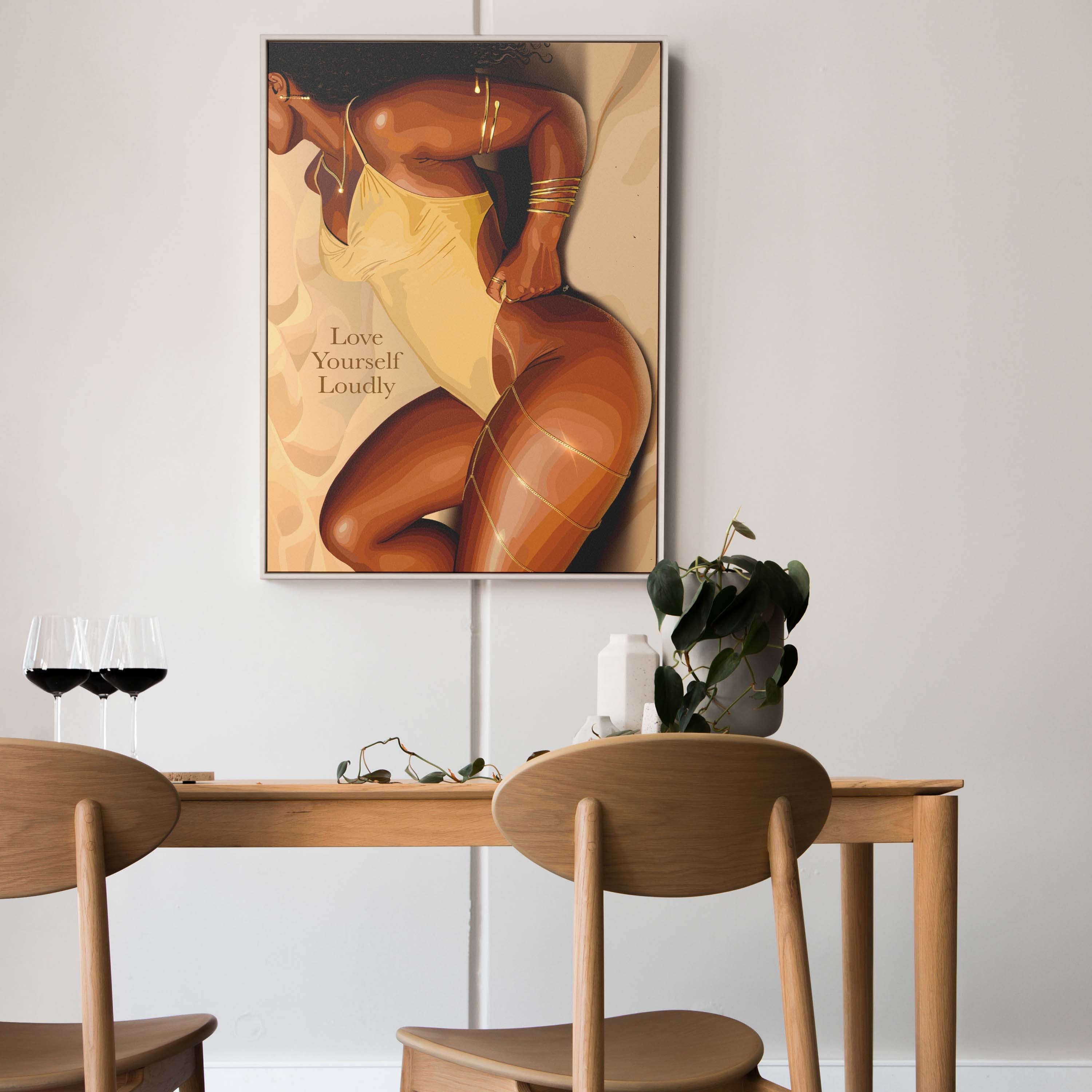 Love Yourself Loudly-wall art print featuring decorative artistic design suitable for living rooms, offices, and schools by SmardArt. Elevate your space with Black wall art that speaks to culture, identity, and creativity. At Smard, we celebrate artistry made with melanin, bringing powerful and inspiring designs to life.