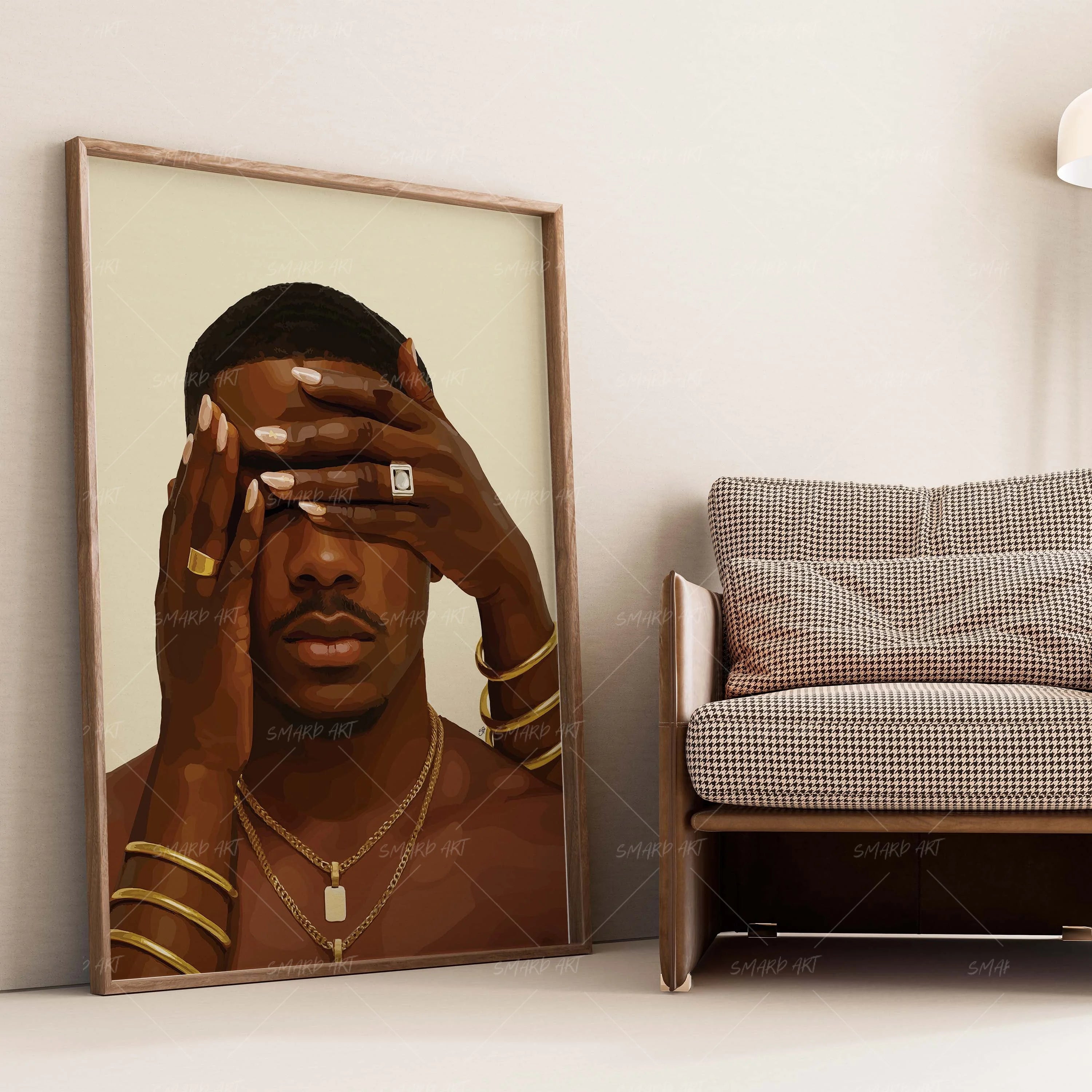 Love Blindfold-wall art print featuring decorative artistic design suitable for living rooms, offices, and schools by SmardArt. Elevate your space with Black wall art that speaks to culture, identity, and creativity. At Smard, we celebrate artistry made with melanin, bringing powerful and inspiring designs to life.