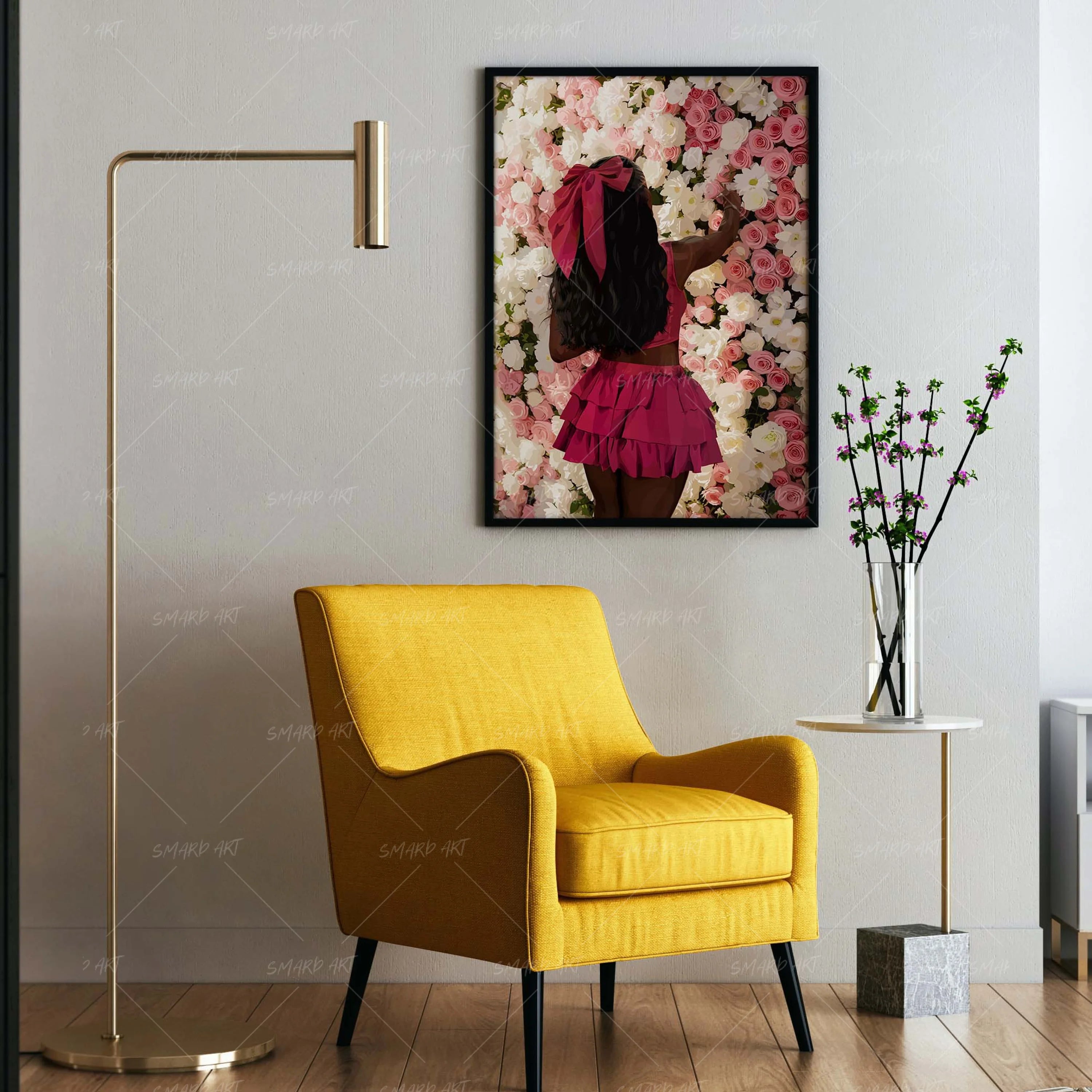 Bow & Flower-wall art print featuring decorative artistic design suitable for living rooms, offices, and schools by SmardArt. Elevate your space with Black wall art that speaks to culture, identity, and creativity. At Smard, we celebrate artistry made with melanin, bringing powerful and inspiring designs to life.