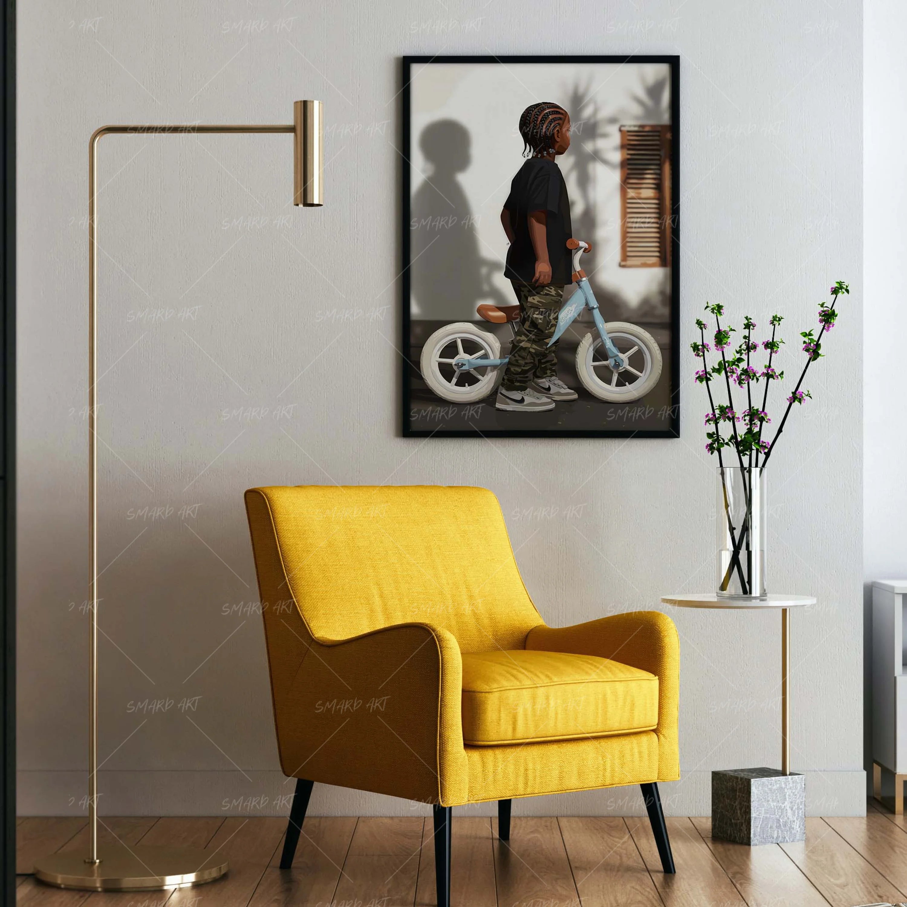 Pedal Power-wall art print featuring decorative artistic design suitable for living rooms, offices, and schools by SmardArt. Elevate your space with Black wall art that speaks to culture, identity, and creativity. At Smard, we celebrate artistry made with melanin, bringing powerful and inspiring designs to life.
