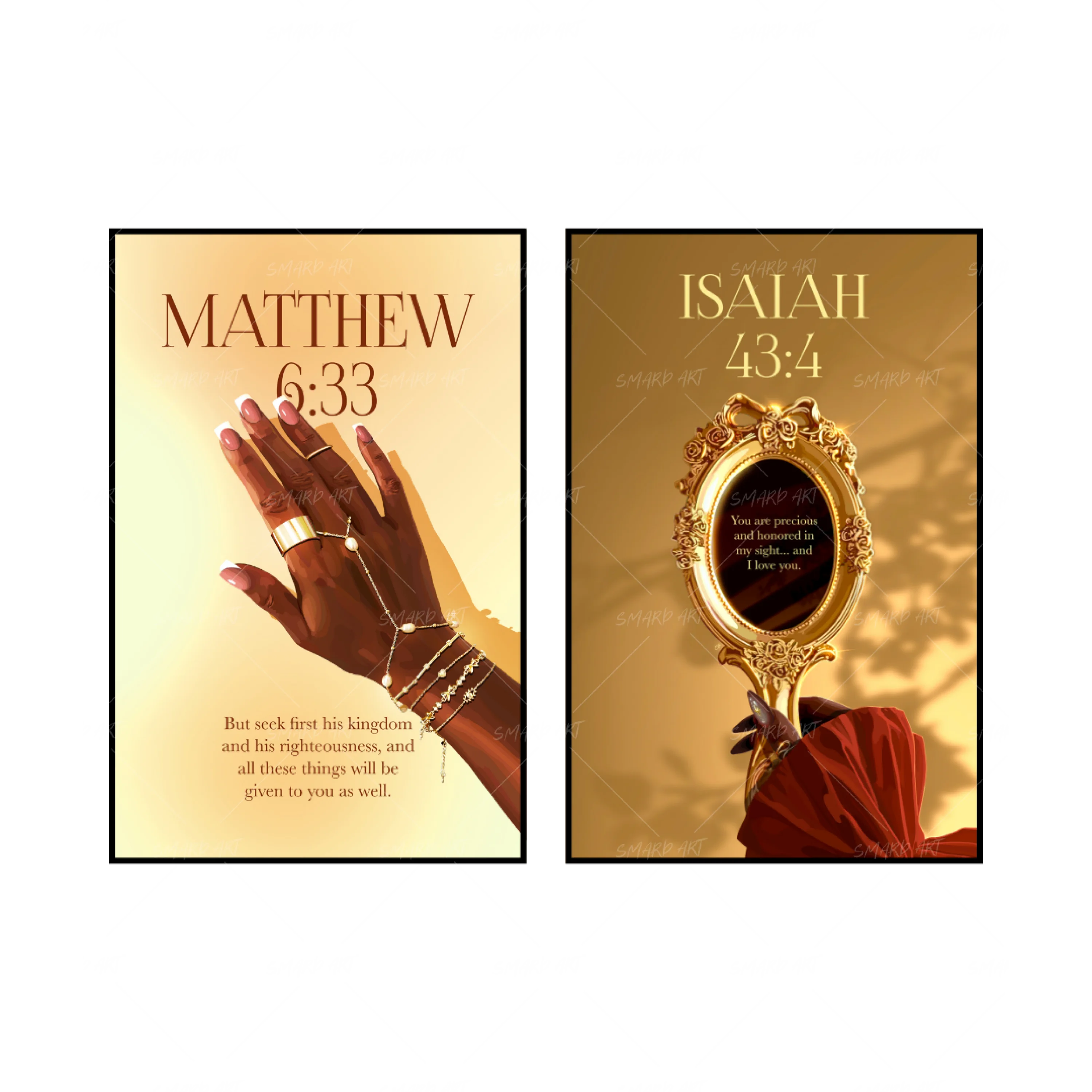 Art Print Bundle : Matthew 6:33 + Isaiah 43:4-wall art print featuring decorative artistic design suitable for living rooms, offices, and schools by SmardArt. Elevate your space with Black wall art that speaks to culture, identity, and creativity. At Smard, we celebrate artistry made with melanin, bringing powerful and inspiring designs to life.