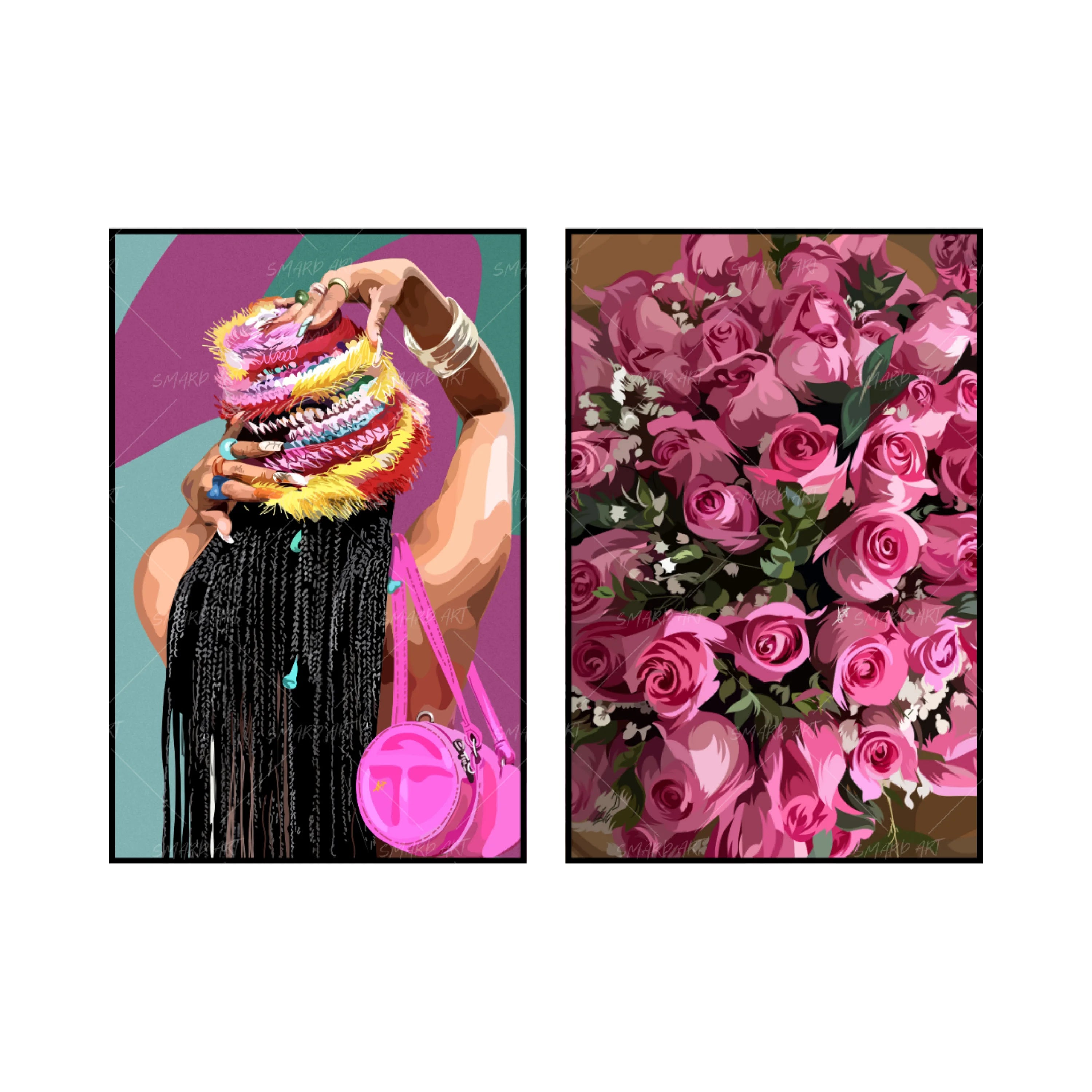Art Print Bundle : It Girl + Pink Roses-wall art print featuring decorative artistic design suitable for living rooms, offices, and schools by SmardArt. Elevate your space with Black wall art that speaks to culture, identity, and creativity. At Smard, we celebrate artistry made with melanin, bringing powerful and inspiring designs to life.