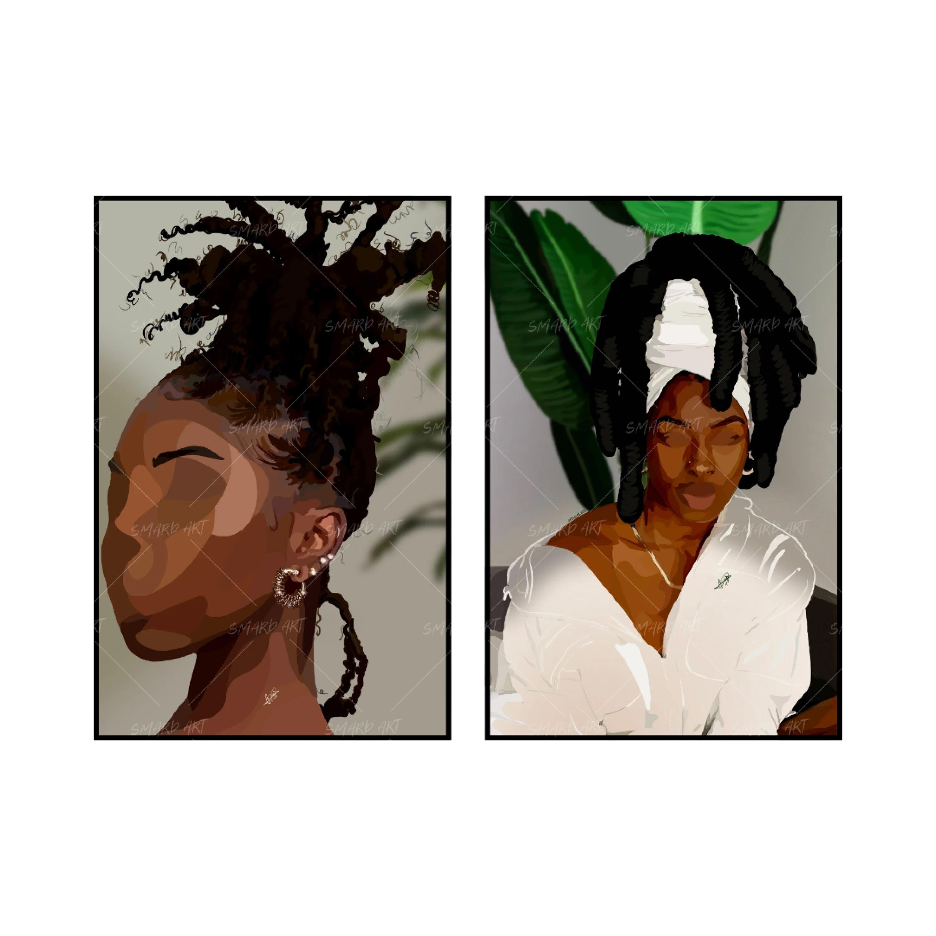Art Print Bundle : Locs Bae + Plant Mom IV-wall art print featuring decorative artistic design suitable for living rooms, offices, and schools by SmardArt. Elevate your space with Black wall art that speaks to culture, identity, and creativity. At Smard, we celebrate artistry made with melanin, bringing powerful and inspiring designs to life.