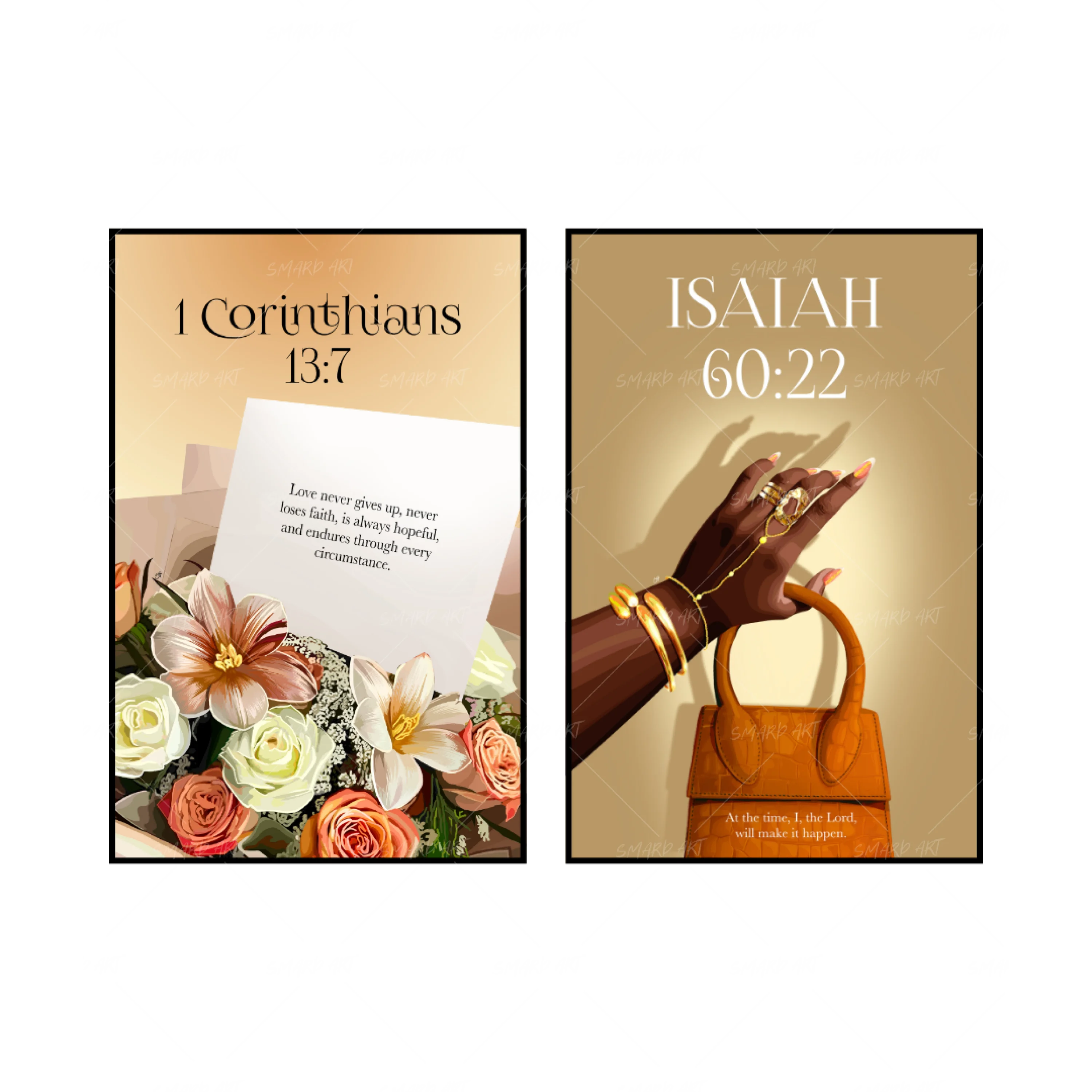 Art Print Bundle : I Corinthians 13:7 + Isaiah 43:4-wall art print featuring decorative artistic design suitable for living rooms, offices, and schools by SmardArt. Elevate your space with Black wall art that speaks to culture, identity, and creativity. At Smard, we celebrate artistry made with melanin, bringing powerful and inspiring designs to life.