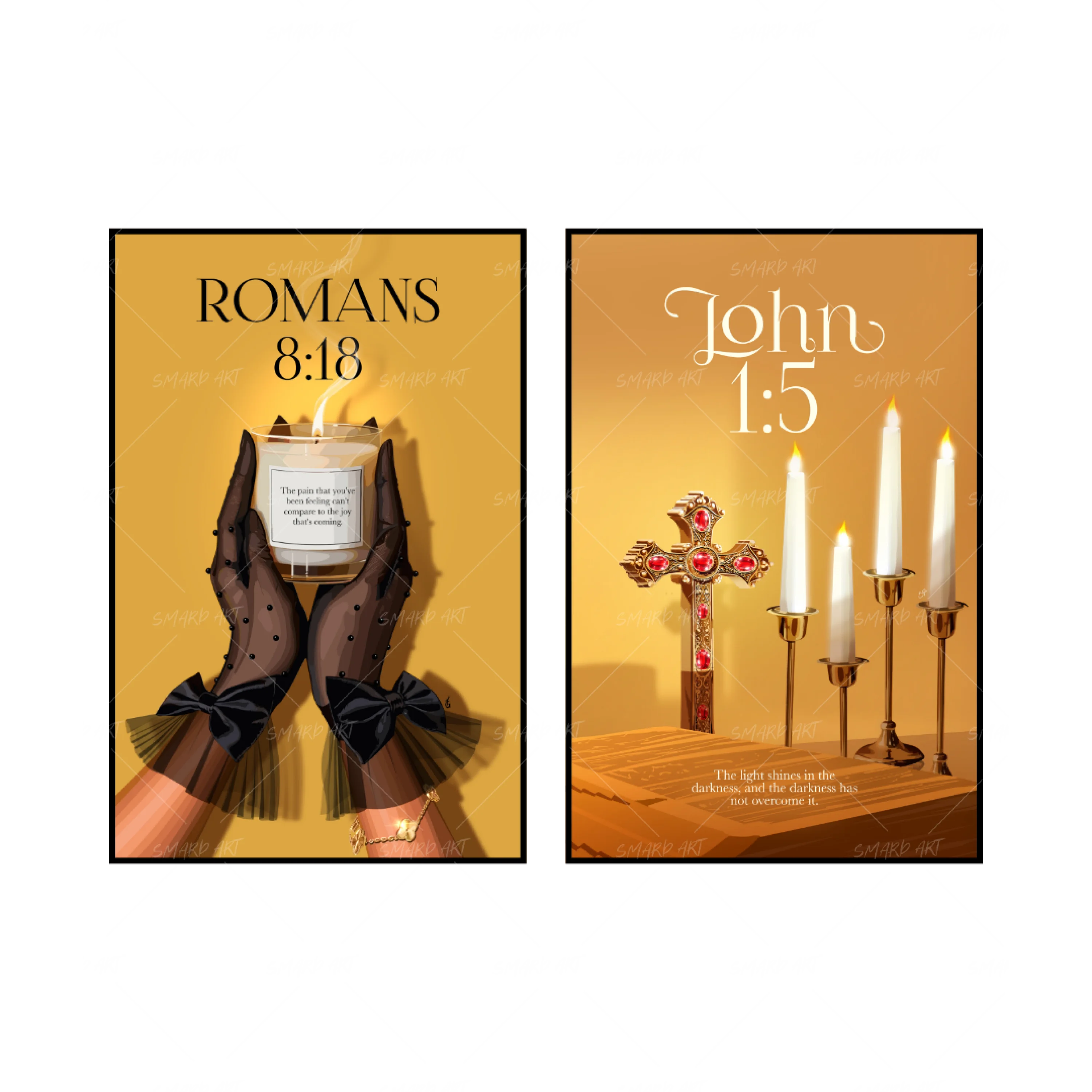 Art Print Bundle : Romans 8:18 + John 1:5-wall art print featuring decorative artistic design suitable for living rooms, offices, and schools by SmardArt. Elevate your space with Black wall art that speaks to culture, identity, and creativity. At Smard, we celebrate artistry made with melanin, bringing powerful and inspiring designs to life.