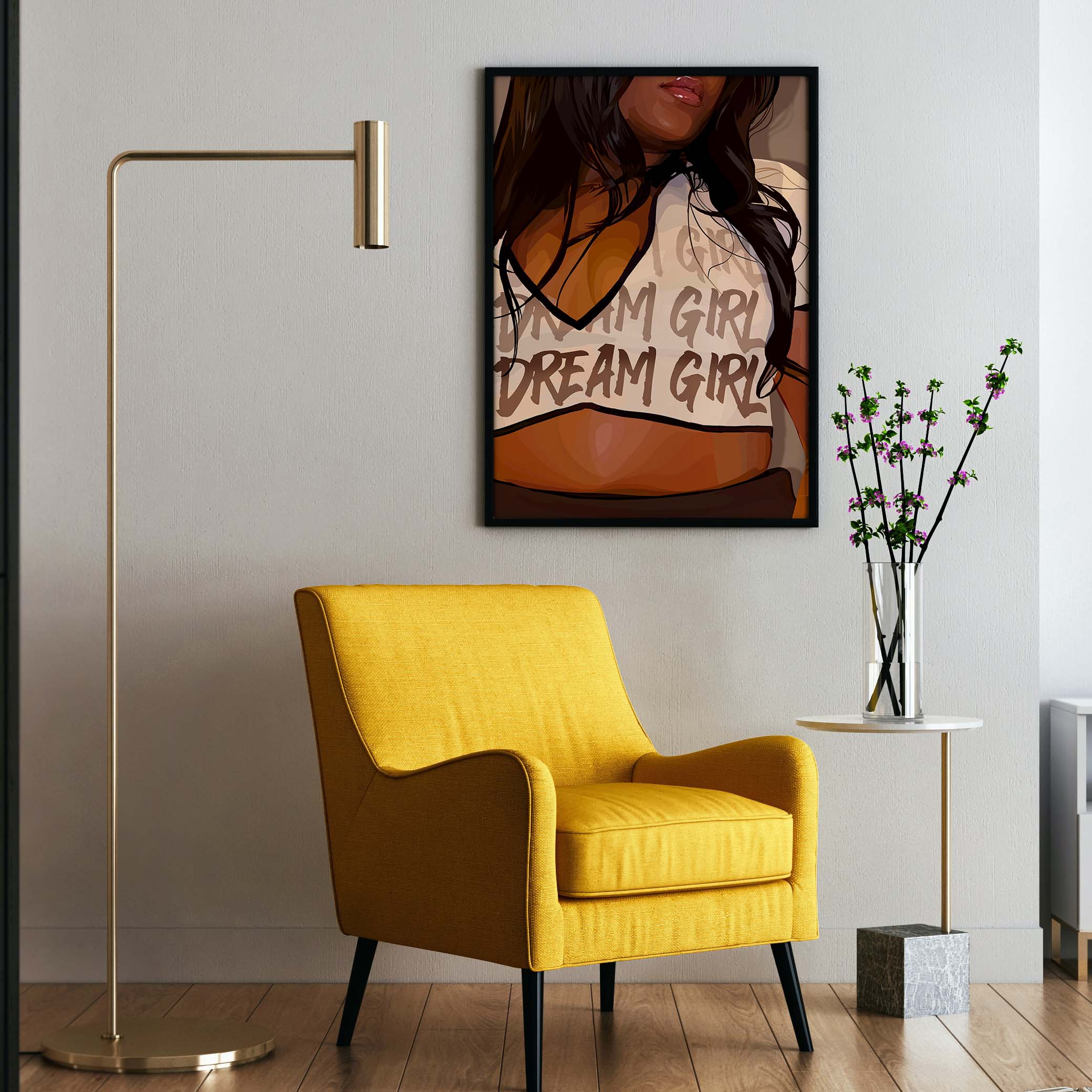 Dream Girl-wall art print featuring decorative artistic design suitable for living rooms, offices, and schools by SmardArt. Elevate your space with Black wall art that speaks to culture, identity, and creativity. At Smard, we celebrate artistry made with melanin, bringing powerful and inspiring designs to life.