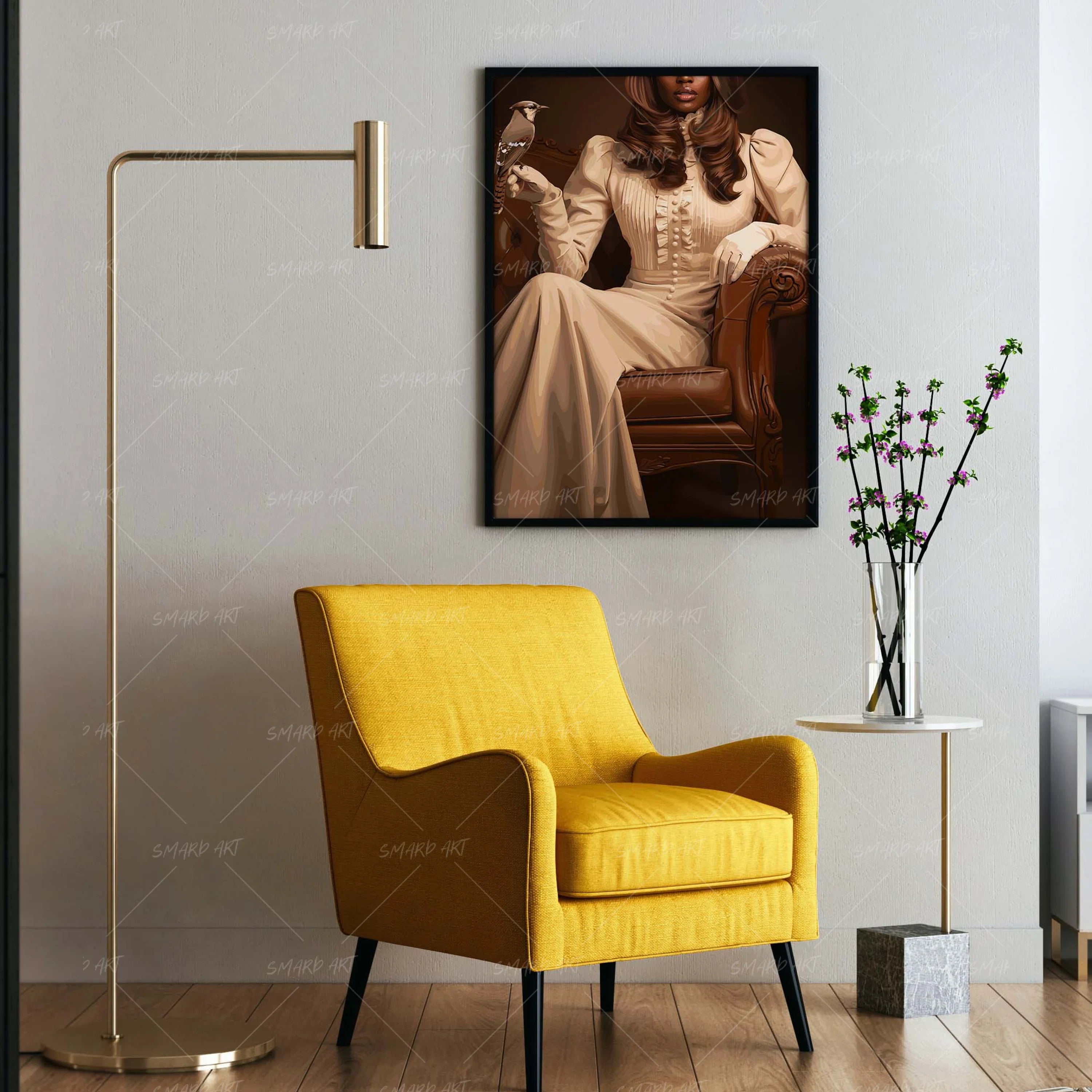 The Bird & The Dame-wall art print featuring decorative artistic design suitable for living rooms, offices, and schools by SmardArt. Elevate your space with Black wall art that speaks to culture, identity, and creativity. At Smard, we celebrate artistry made with melanin, bringing powerful and inspiring designs to life.