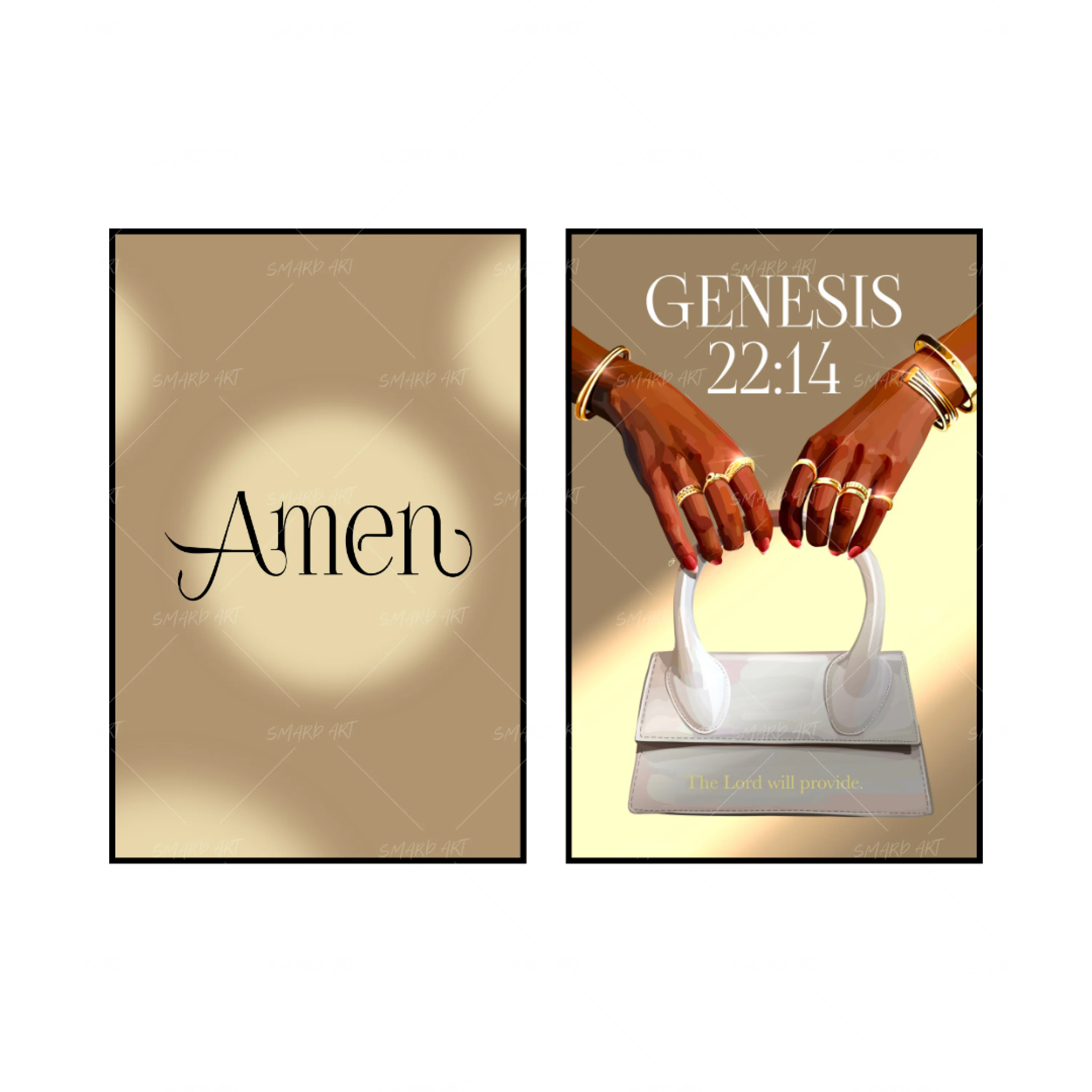 Art Print Bundle : Amen Gold + Genesis 22:14-wall art print featuring decorative artistic design suitable for living rooms, offices, and schools by SmardArt. Elevate your space with Black wall art that speaks to culture, identity, and creativity. At Smard, we celebrate artistry made with melanin, bringing powerful and inspiring designs to life.