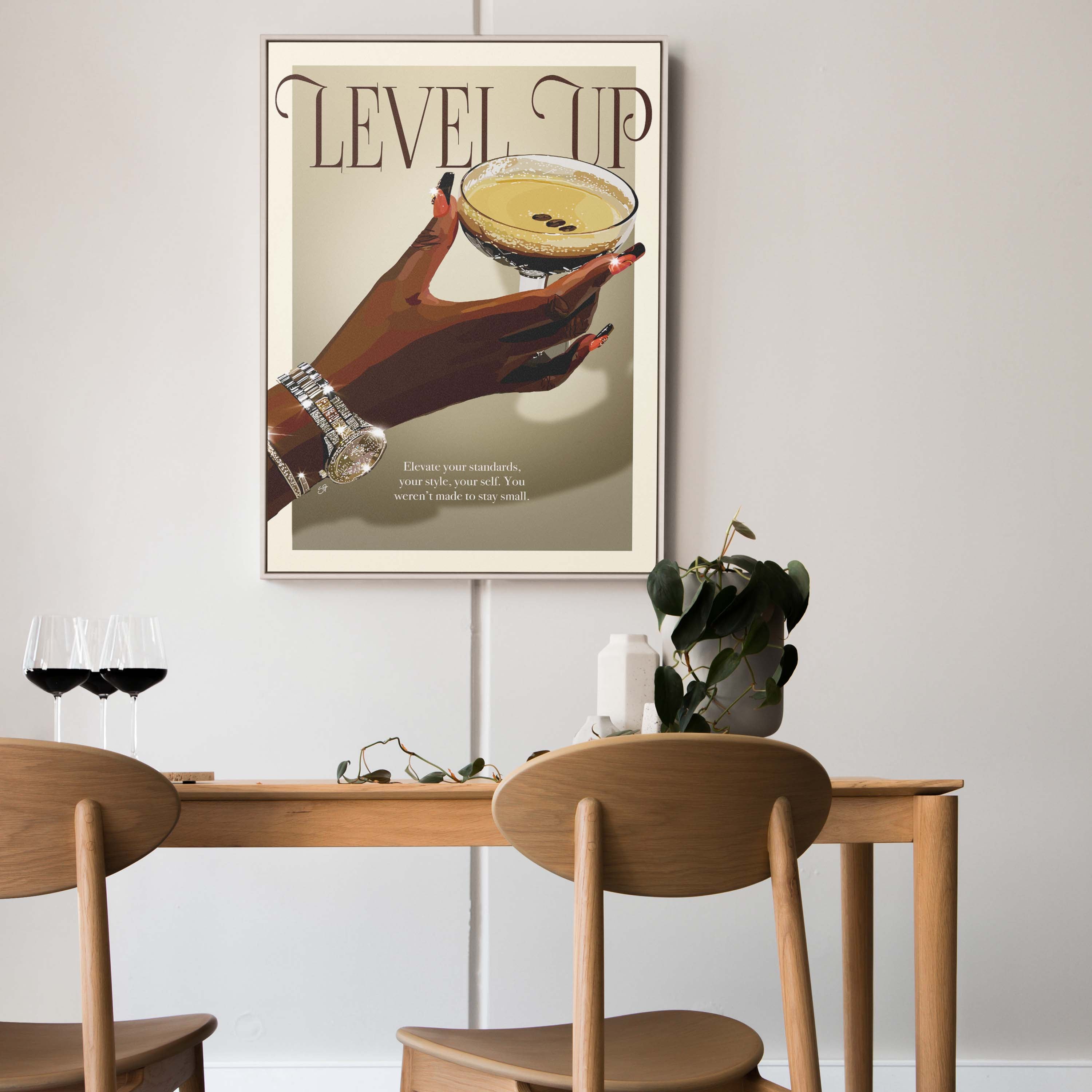 Level Up-wall art print featuring decorative artistic design suitable for living rooms, offices, and schools by SmardArt. Elevate your space with Black wall art that speaks to culture, identity, and creativity. At Smard, we celebrate artistry made with melanin, bringing powerful and inspiring designs to life.