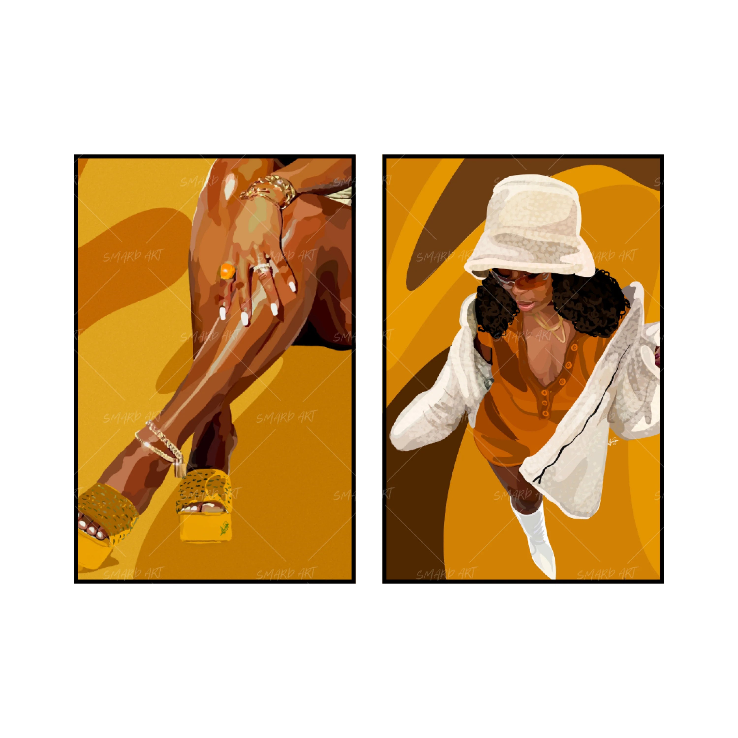 Art Print Bundle : Legs & Yellow Touch + Fashion Gyal II-wall art print featuring decorative artistic design suitable for living rooms, offices, and schools by SmardArt. Elevate your space with Black wall art that speaks to culture, identity, and creativity. At Smard, we celebrate artistry made with melanin, bringing powerful and inspiring designs to life.