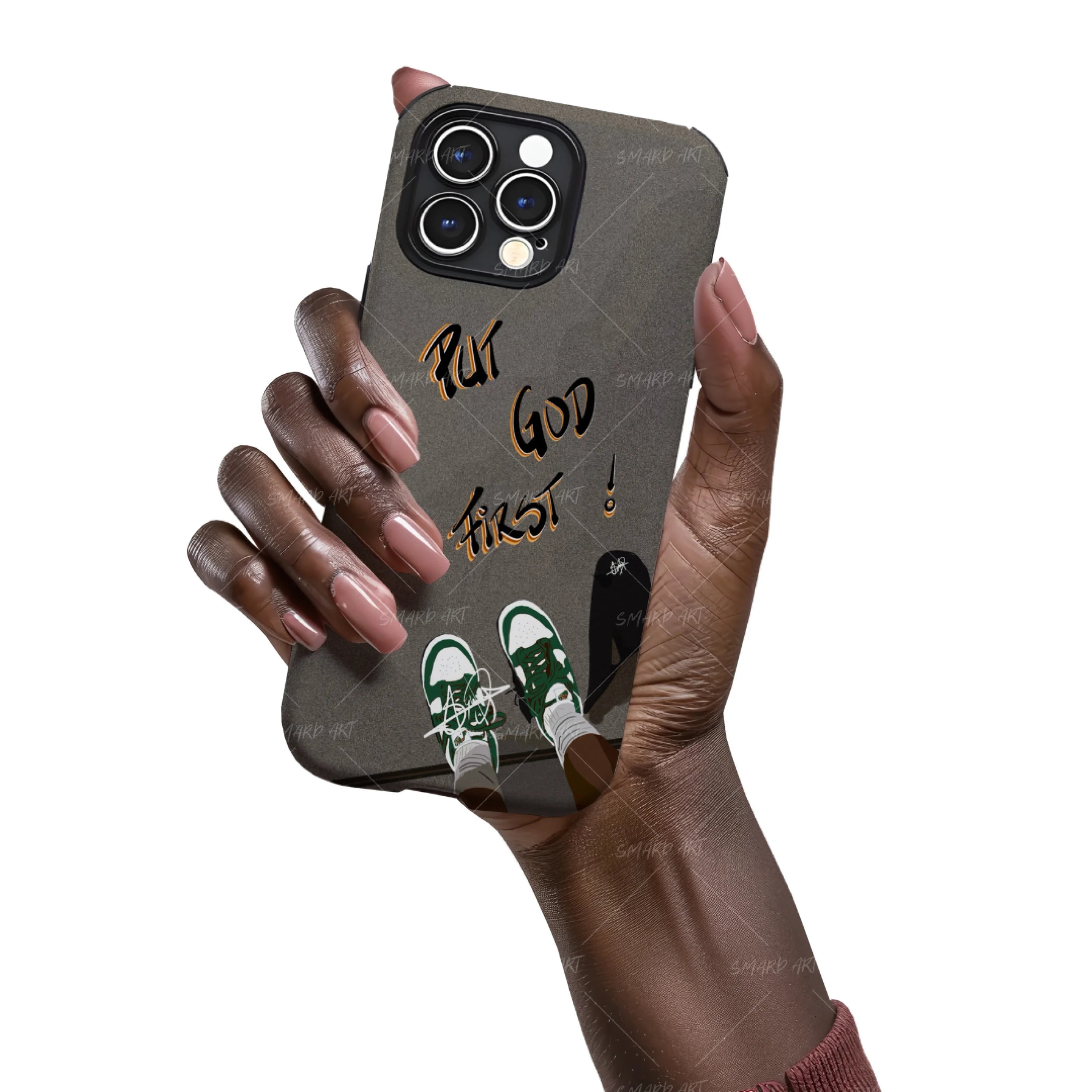 Put God First Phone Case-wall art print featuring decorative artistic design suitable for living rooms, offices, and schools by SmardArt. Elevate your space with Black wall art that speaks to culture, identity, and creativity. At Smard, we celebrate artistry made with melanin, bringing powerful and inspiring designs to life.