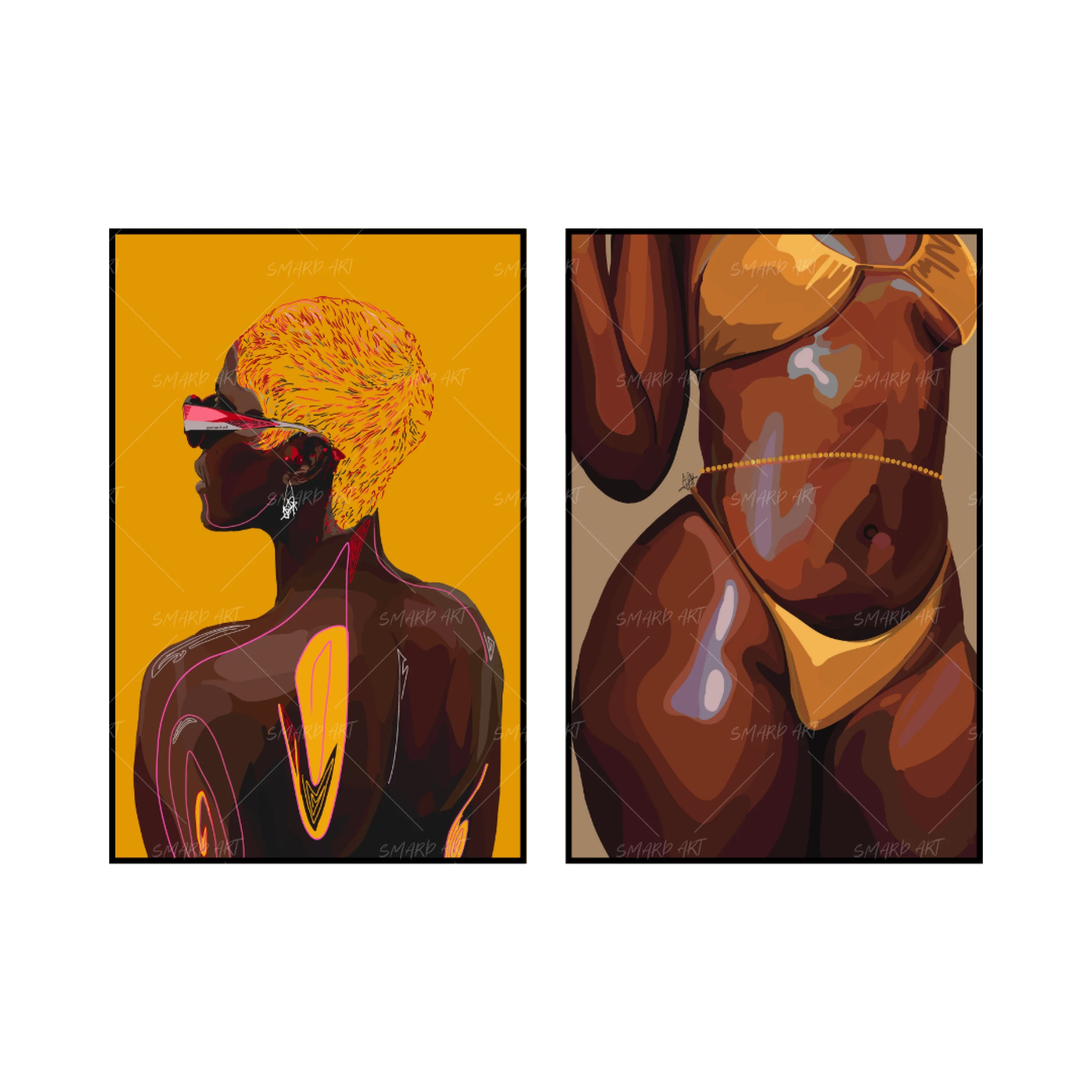 Art Print Bundle : Grace 5 + Golden Bikini-wall art print featuring decorative artistic design suitable for living rooms, offices, and schools by SmardArt. Elevate your space with Black wall art that speaks to culture, identity, and creativity. At Smard, we celebrate artistry made with melanin, bringing powerful and inspiring designs to life.