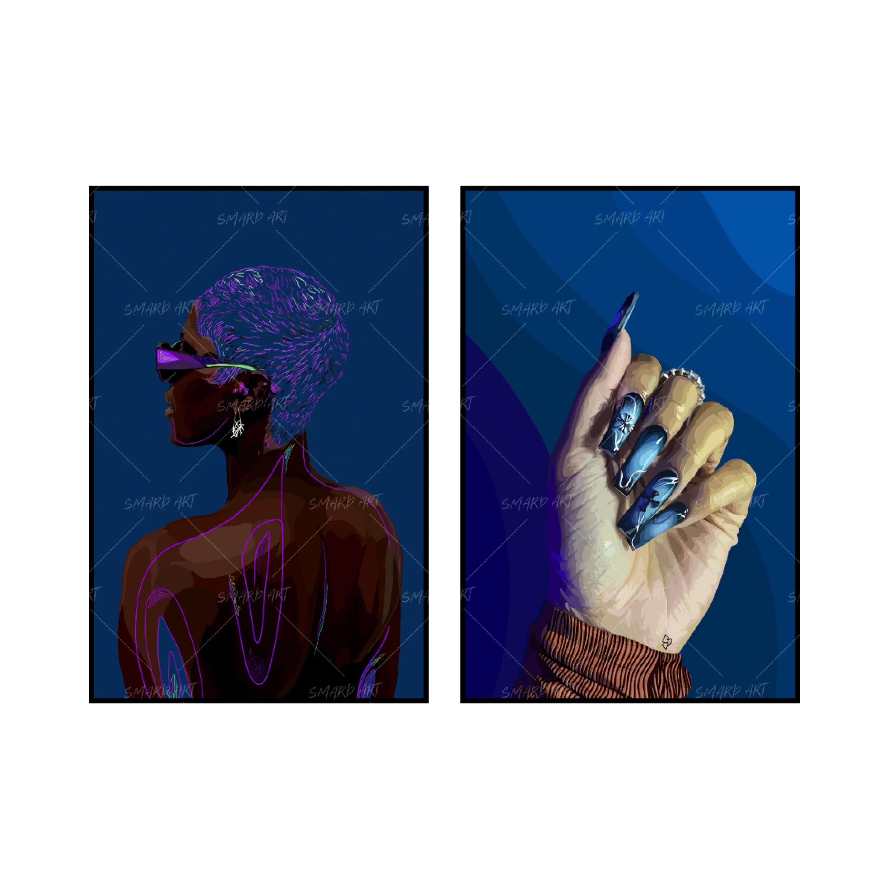 Art Print Bundle : Grace 3 + Cool Blue-wall art print featuring decorative artistic design suitable for living rooms, offices, and schools by SmardArt. Elevate your space with Black wall art that speaks to culture, identity, and creativity. At Smard, we celebrate artistry made with melanin, bringing powerful and inspiring designs to life.