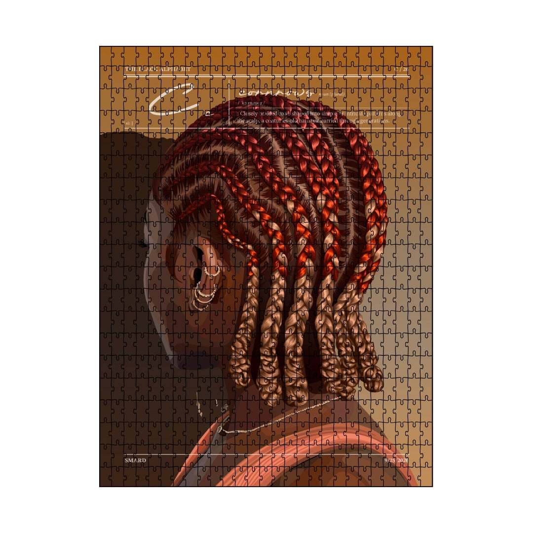 Cornrows Puzzle-wall art print featuring decorative artistic design suitable for living rooms, offices, and schools by SmardArt. Elevate your space with Black wall art that speaks to culture, identity, and creativity. At Smard, we celebrate artistry made with melanin, bringing powerful and inspiring designs to life.