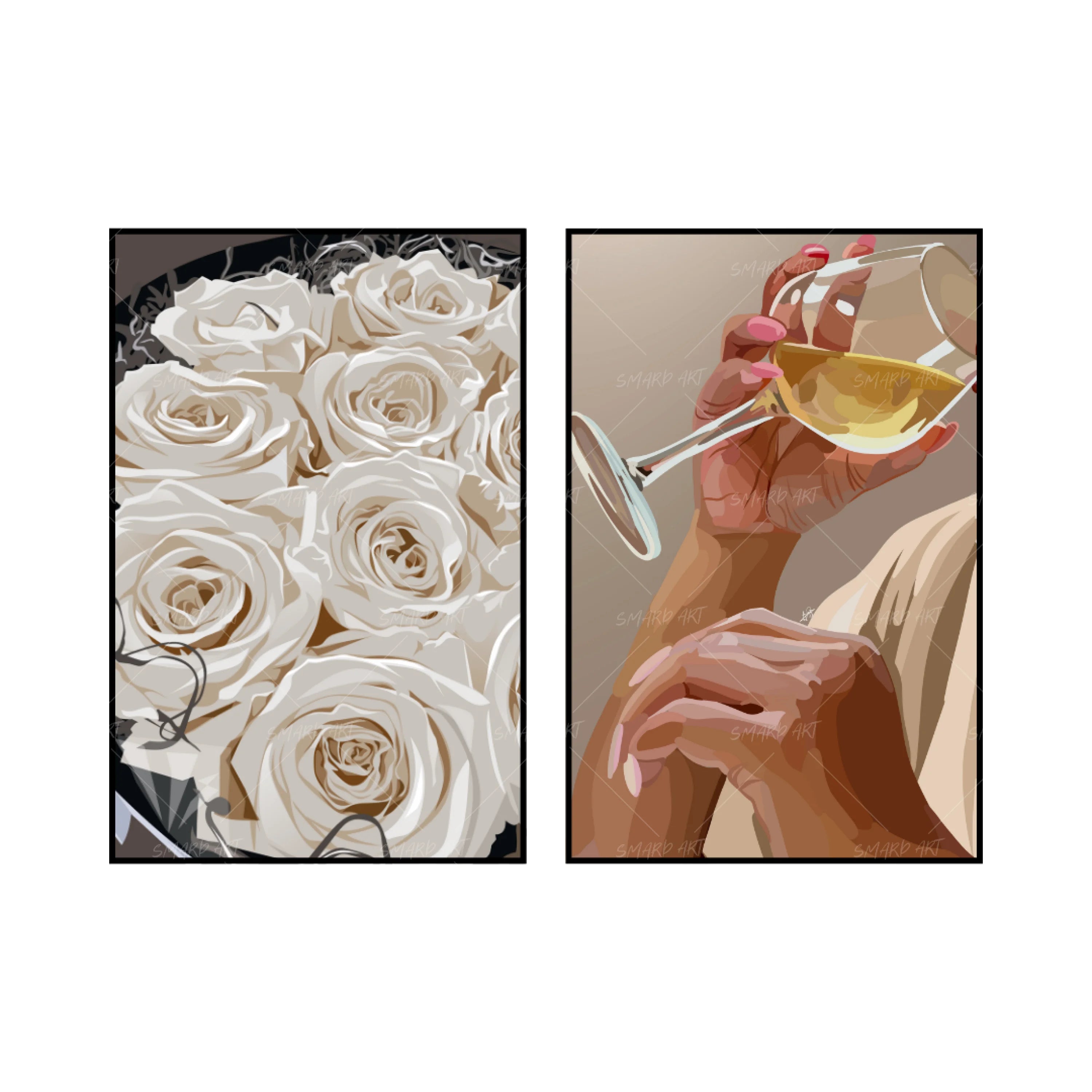Art Print Bundle : White Roses + White Wine-wall art print featuring decorative artistic design suitable for living rooms, offices, and schools by SmardArt. Elevate your space with Black wall art that speaks to culture, identity, and creativity. At Smard, we celebrate artistry made with melanin, bringing powerful and inspiring designs to life.