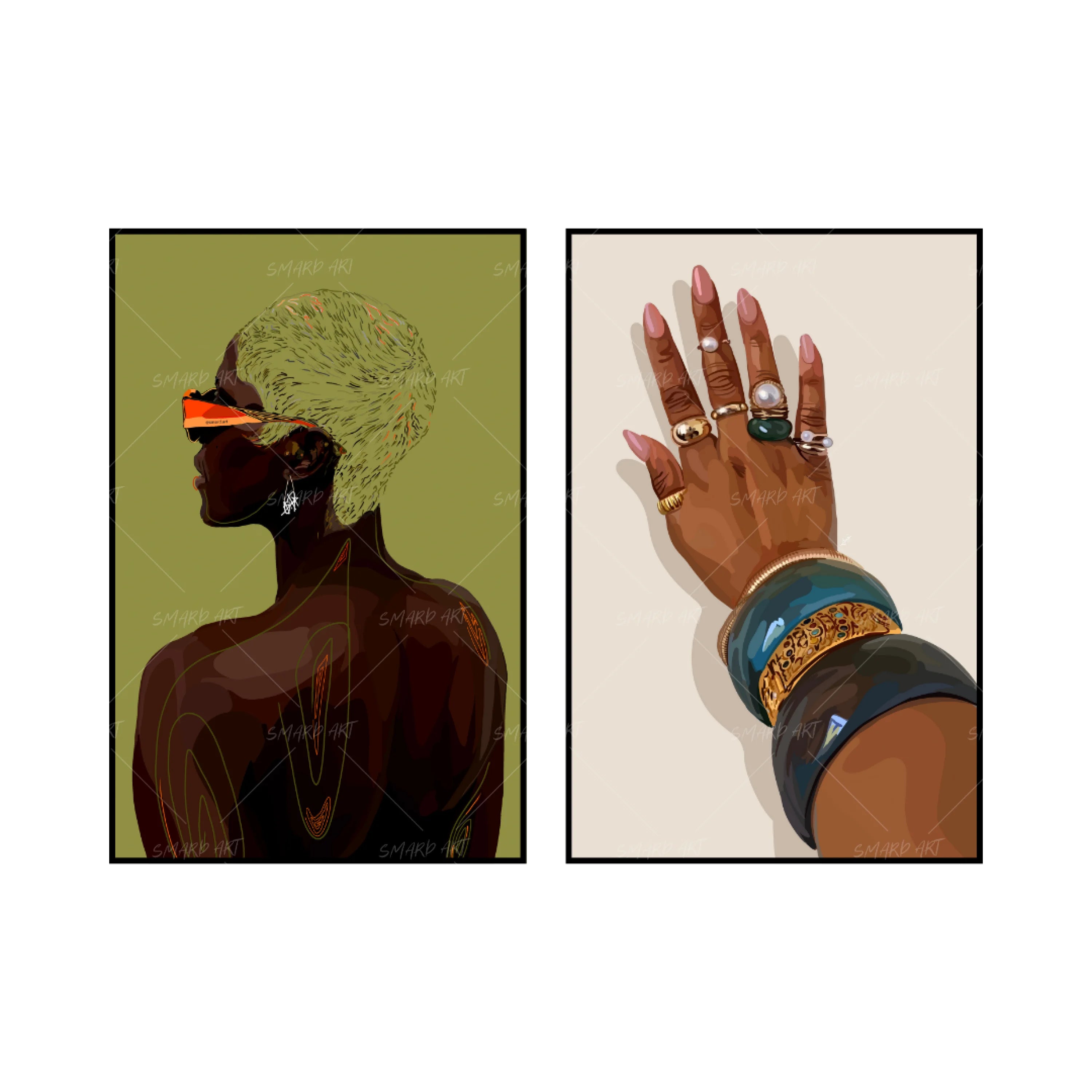 Art Print Bundle : Grace 4 + Jewelries Addict-wall art print featuring decorative artistic design suitable for living rooms, offices, and schools by SmardArt. Elevate your space with Black wall art that speaks to culture, identity, and creativity. At Smard, we celebrate artistry made with melanin, bringing powerful and inspiring designs to life.