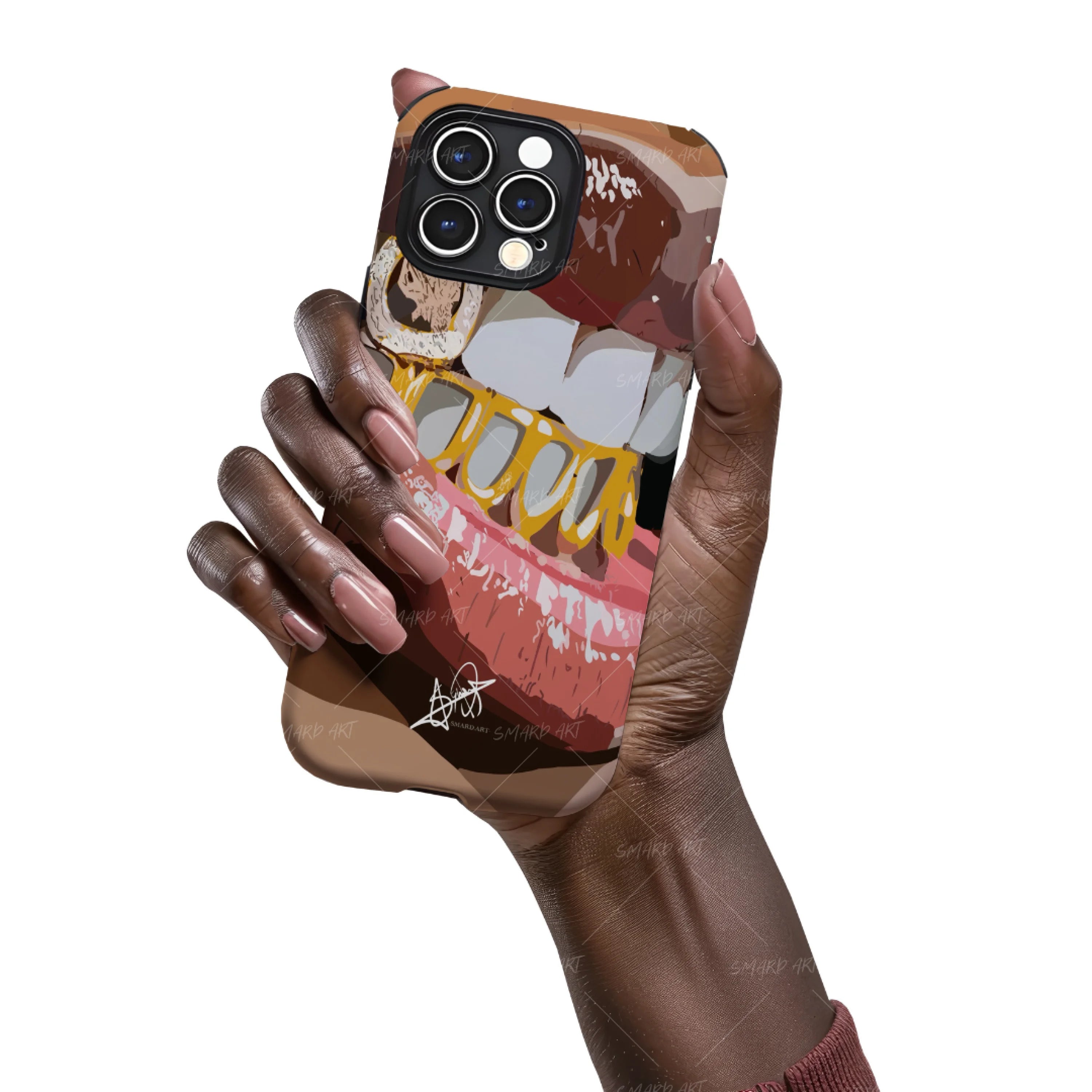 Grillz II Phone Case-wall art print featuring decorative artistic design suitable for living rooms, offices, and schools by SmardArt. Elevate your space with Black wall art that speaks to culture, identity, and creativity. At Smard, we celebrate artistry made with melanin, bringing powerful and inspiring designs to life.