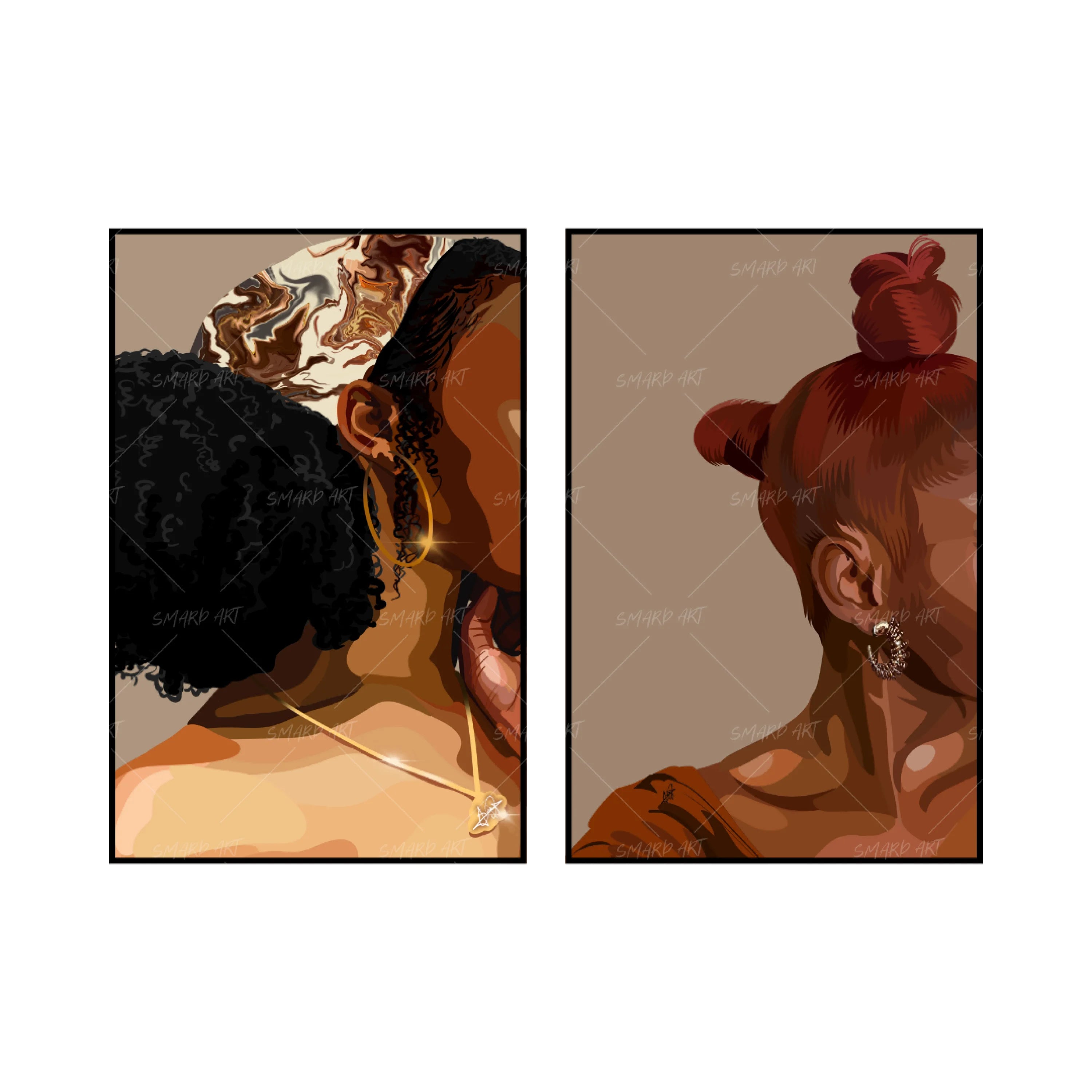 Art Print Bundle : Bantu II + Curls Day-wall art print featuring decorative artistic design suitable for living rooms, offices, and schools by SmardArt. Elevate your space with Black wall art that speaks to culture, identity, and creativity. At Smard, we celebrate artistry made with melanin, bringing powerful and inspiring designs to life.