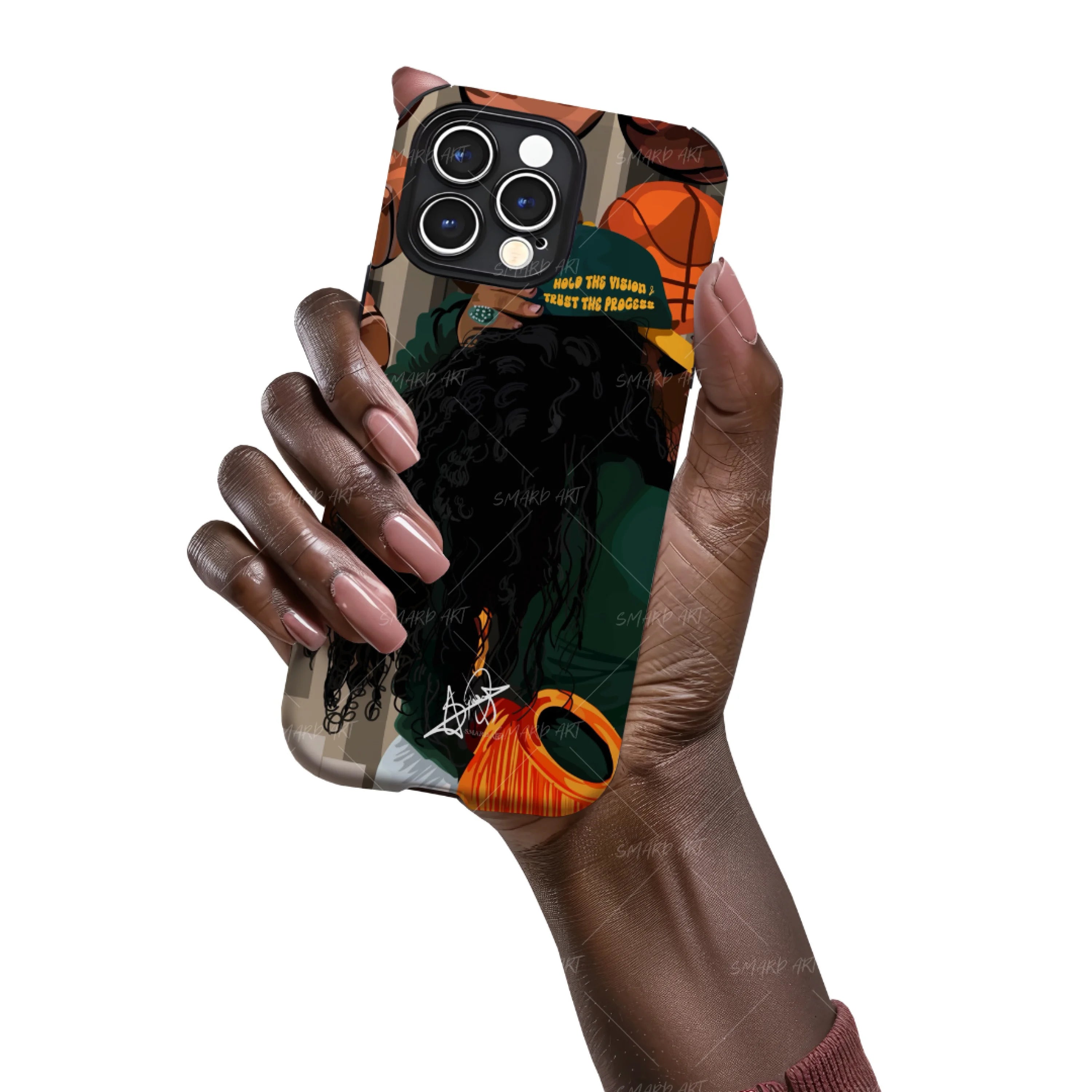 Fashion & Basketball II Phone Case-wall art print featuring decorative artistic design suitable for living rooms, offices, and schools by SmardArt. Elevate your space with Black wall art that speaks to culture, identity, and creativity. At Smard, we celebrate artistry made with melanin, bringing powerful and inspiring designs to life.