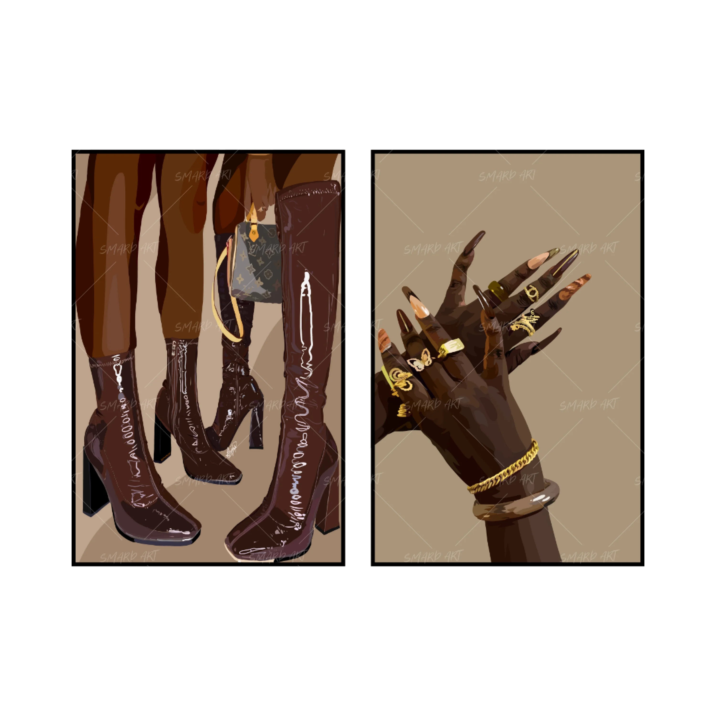 Art Print Bundle : Brown Boots + Bling'd Out II-wall art print featuring decorative artistic design suitable for living rooms, offices, and schools by SmardArt. Elevate your space with Black wall art that speaks to culture, identity, and creativity. At Smard, we celebrate artistry made with melanin, bringing powerful and inspiring designs to life.