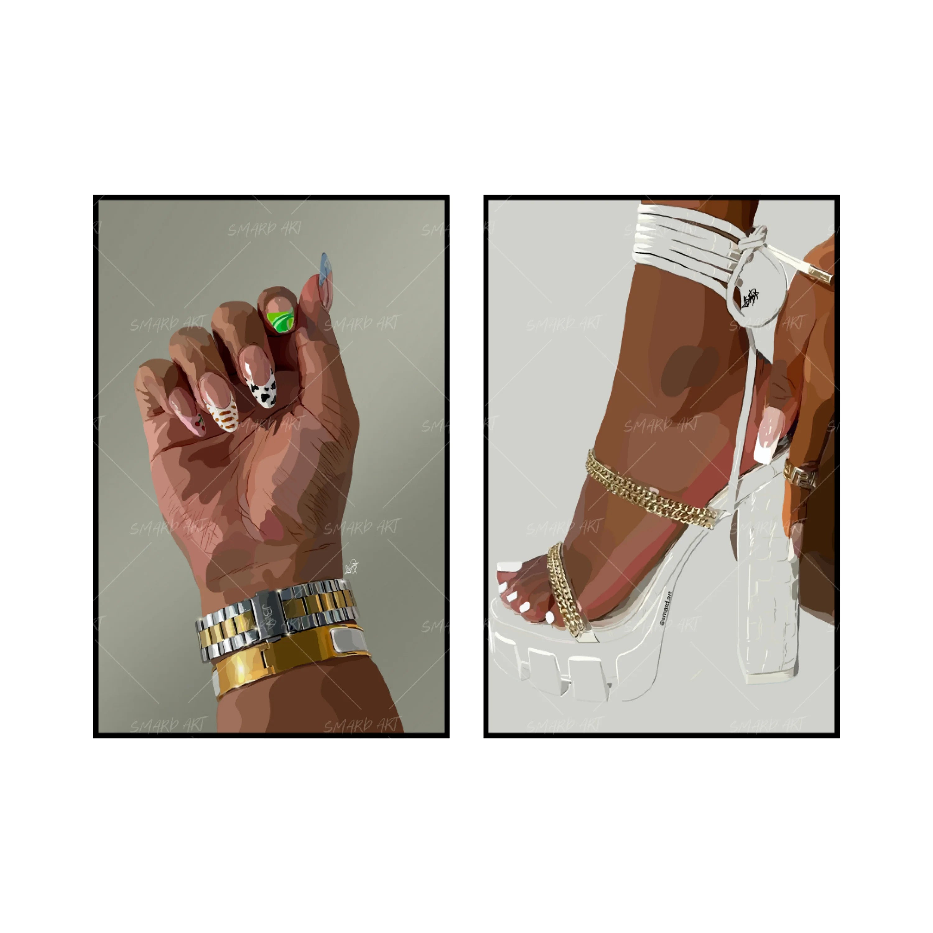 Art Print Bundle : Colourful Nails + Heel Me II-wall art print featuring decorative artistic design suitable for living rooms, offices, and schools by SmardArt. Elevate your space with Black wall art that speaks to culture, identity, and creativity. At Smard, we celebrate artistry made with melanin, bringing powerful and inspiring designs to life.