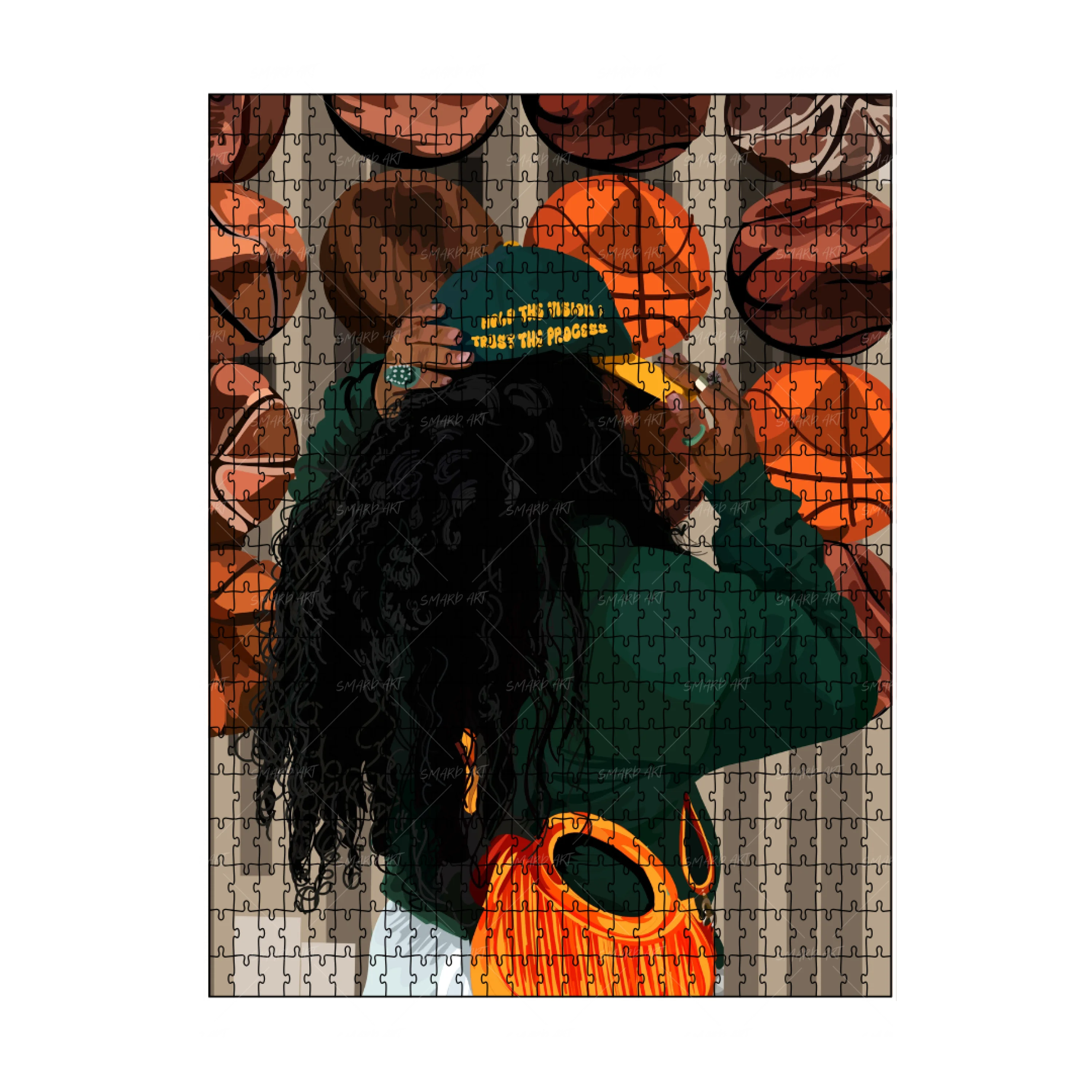 Fashion & Basketball II Puzzle-wall art print featuring decorative artistic design suitable for living rooms, offices, and schools by SmardArt. Elevate your space with Black wall art that speaks to culture, identity, and creativity. At Smard, we celebrate artistry made with melanin, bringing powerful and inspiring designs to life.