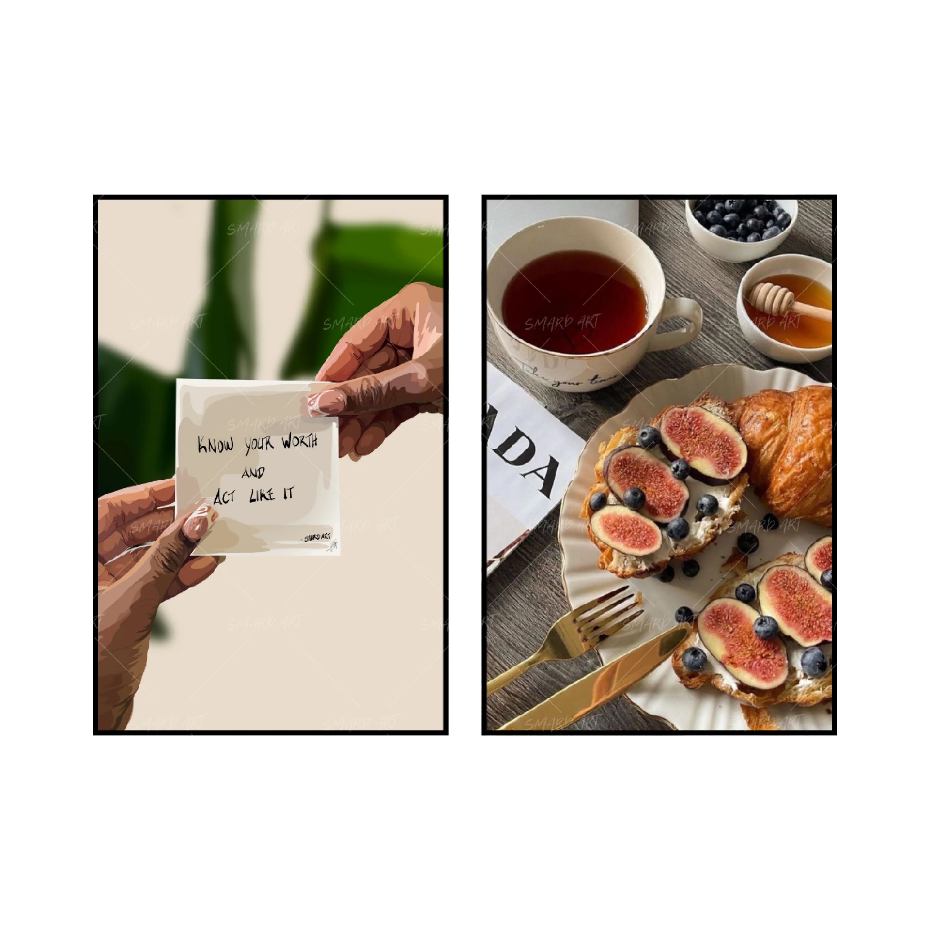 Art Print Bundle : Know Your Worth Quote + Fancy Breakfast-wall art print featuring decorative artistic design suitable for living rooms, offices, and schools by SmardArt. Elevate your space with Black wall art that speaks to culture, identity, and creativity. At Smard, we celebrate artistry made with melanin, bringing powerful and inspiring designs to life.