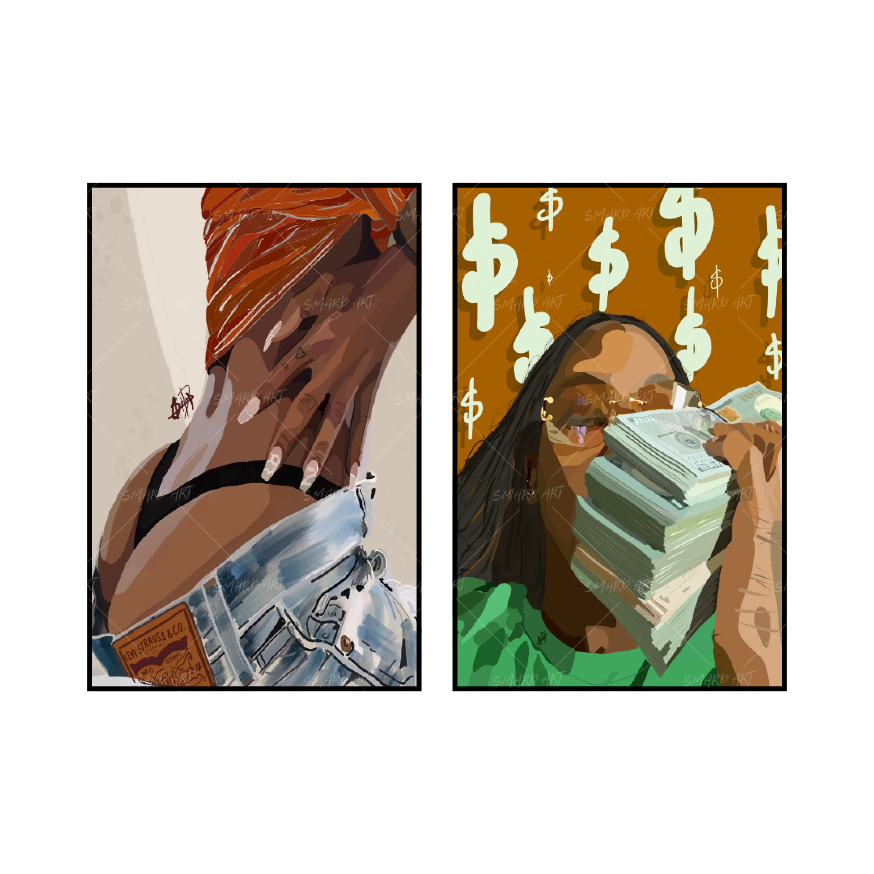 Art Print Bundle : Touch I + "Me, myself and all my money"-wall art print featuring decorative artistic design suitable for living rooms, offices, and schools by SmardArt. Elevate your space with Black wall art that speaks to culture, identity, and creativity. At Smard, we celebrate artistry made with melanin, bringing powerful and inspiring designs to life.